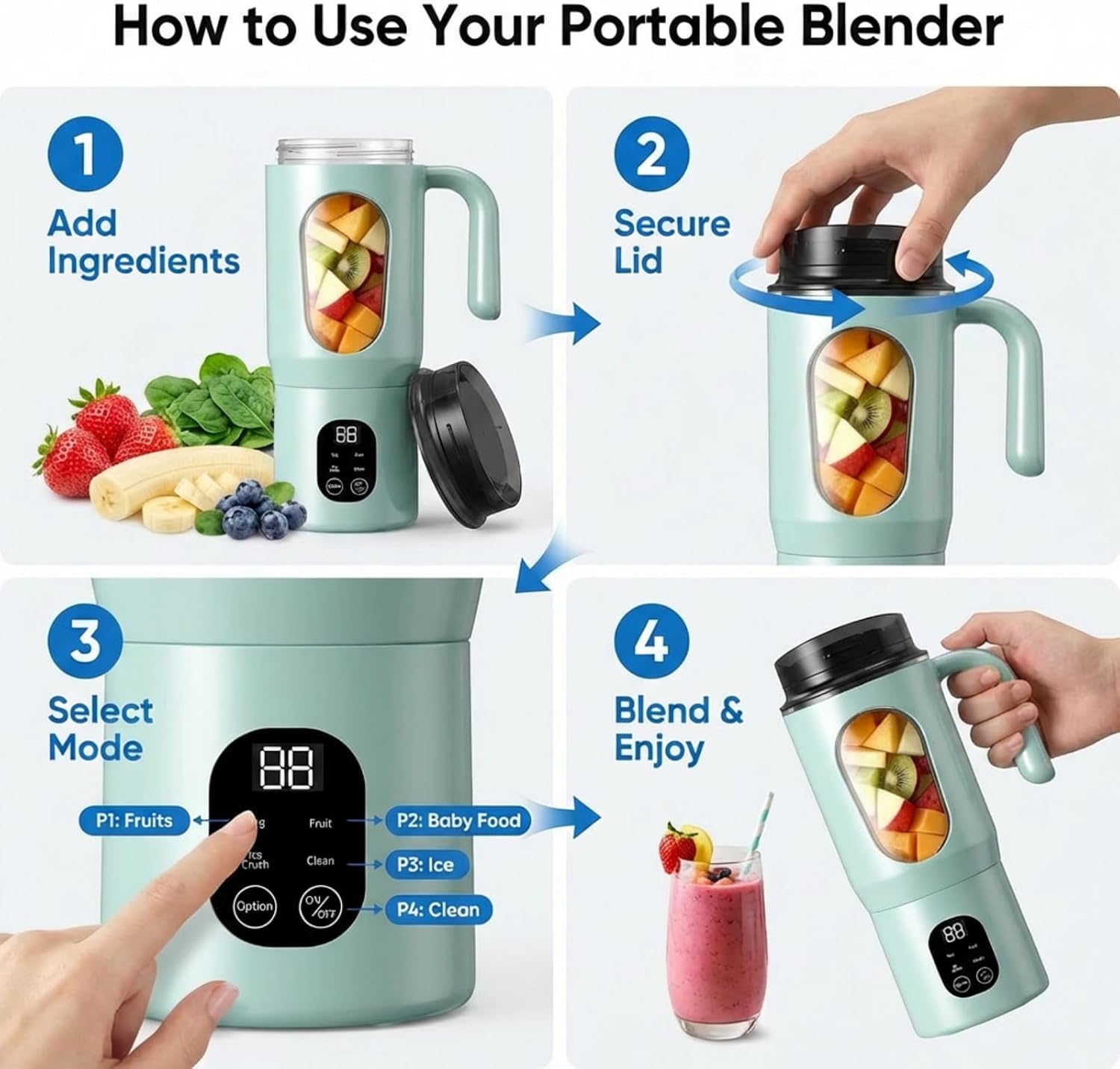 Portable Blender 12-Blades Portable Juicer for Smoothies, 580ml Rechargeable Personal Blenders with Handle & Extra Lid, USB-C Mini Blender Cup for Travel, Office, Gym, BPA-Free (Green) - Image 6