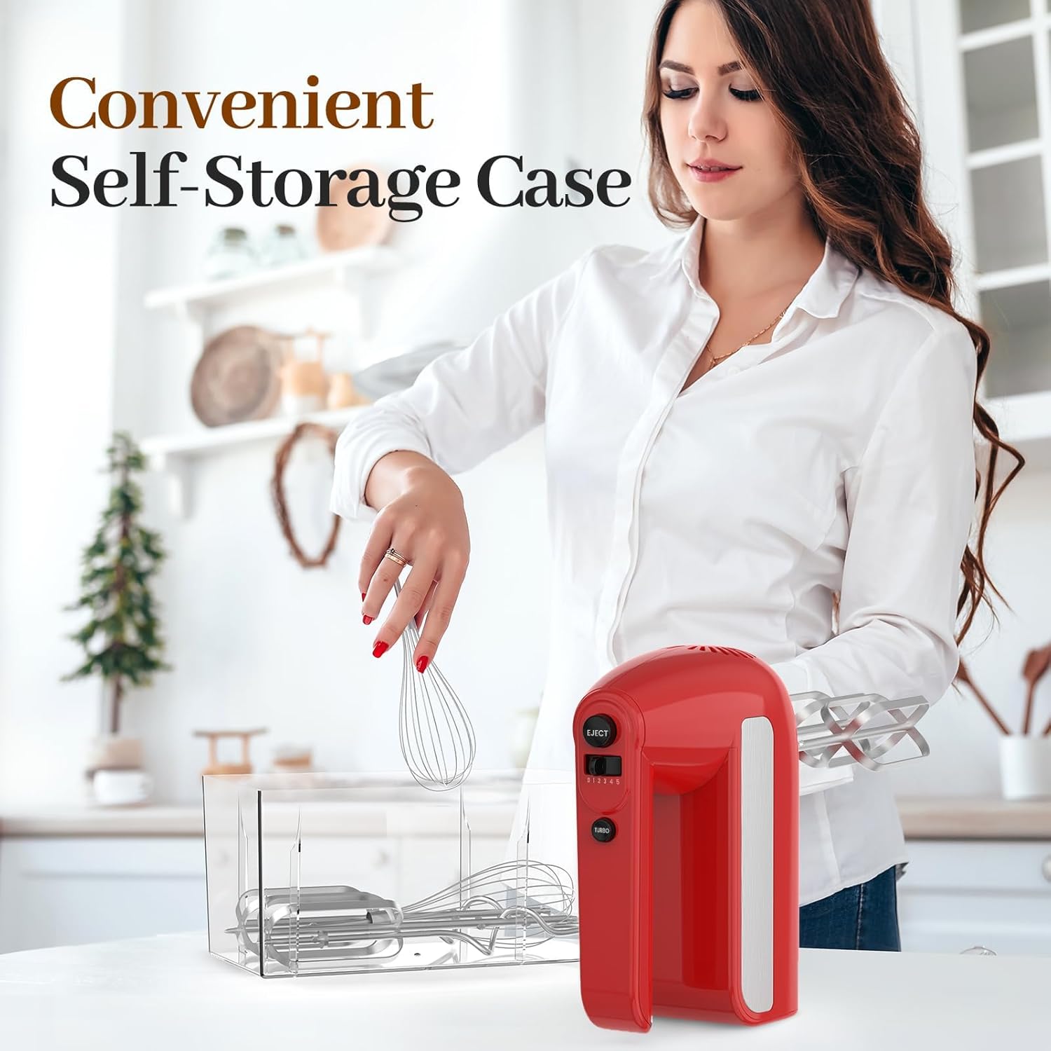 5-Speed Electric Hand Mixer, 800W Handheld Mixer with Turbo for Baking & Cooking, Kitchen Food Mixer with Storage Case & 6 Stainless Steel Attachments (2 Beaters, 2 Dough Hooks, 2 Whisks)-Red - Image 4