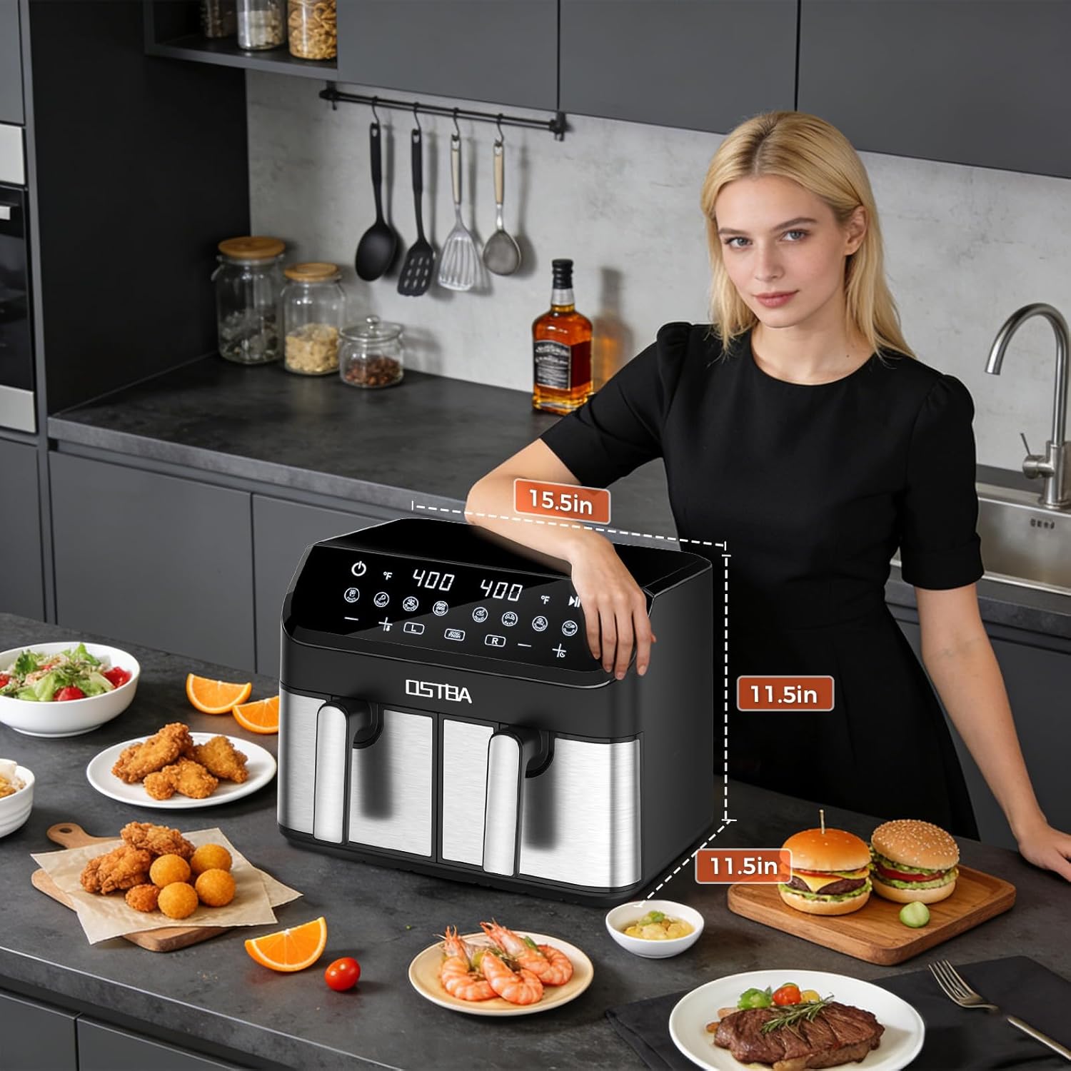 OSTBA 9.5QT Double Air Fryer, 1700W Dual Air Fryer with 2 Independent 4.25QT Stainless Steel Baskets, Digital Touchscreen, Sync Finish, 8 Presets, Auto Shutoff, Nonstick Dishwasher Safe - Image 7