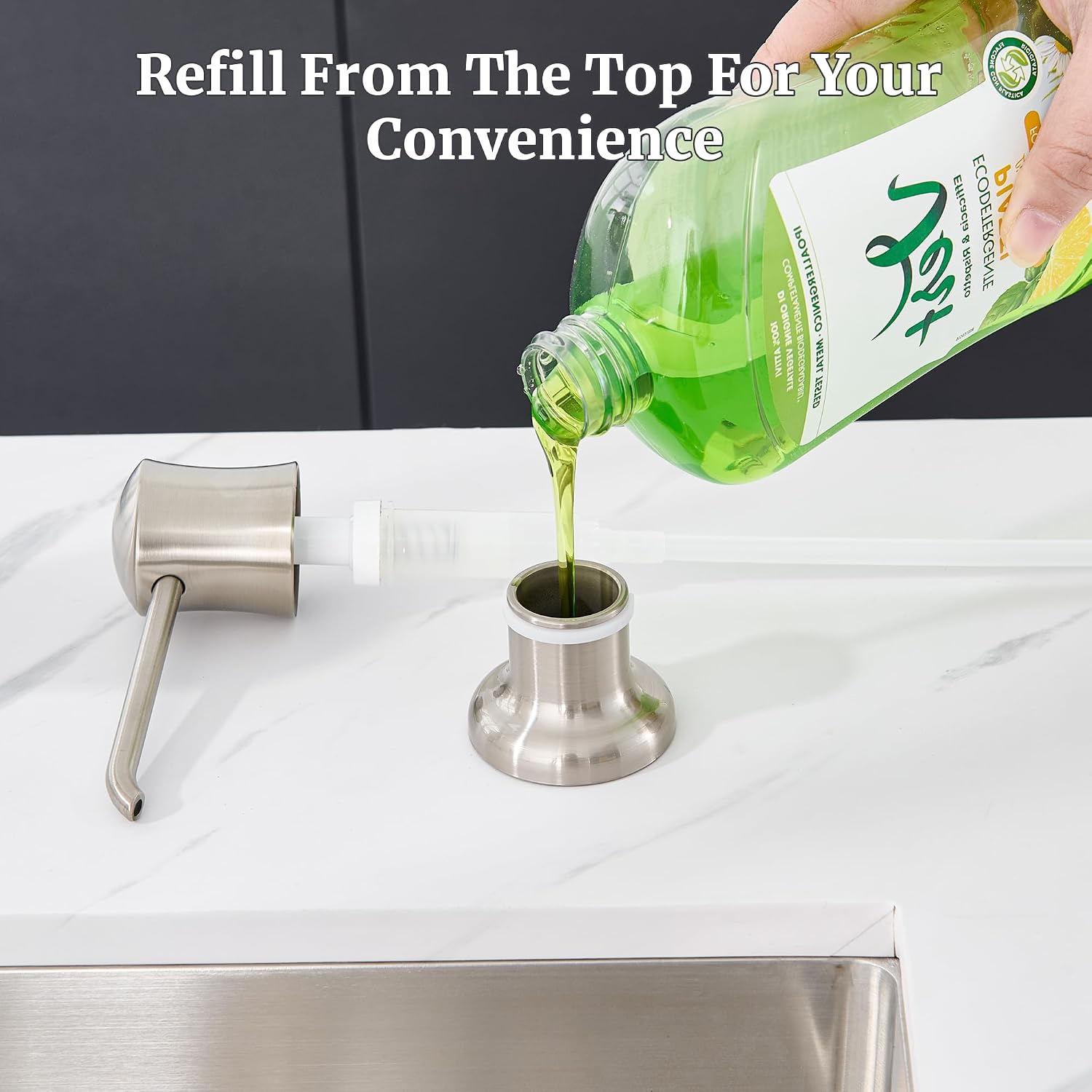 Soap Dispenser for Kitchen Sink Brushed Nickel, Built-in and Refill-from-Top Design with Liquid Hand & Dish Soap Bottle - Image 3