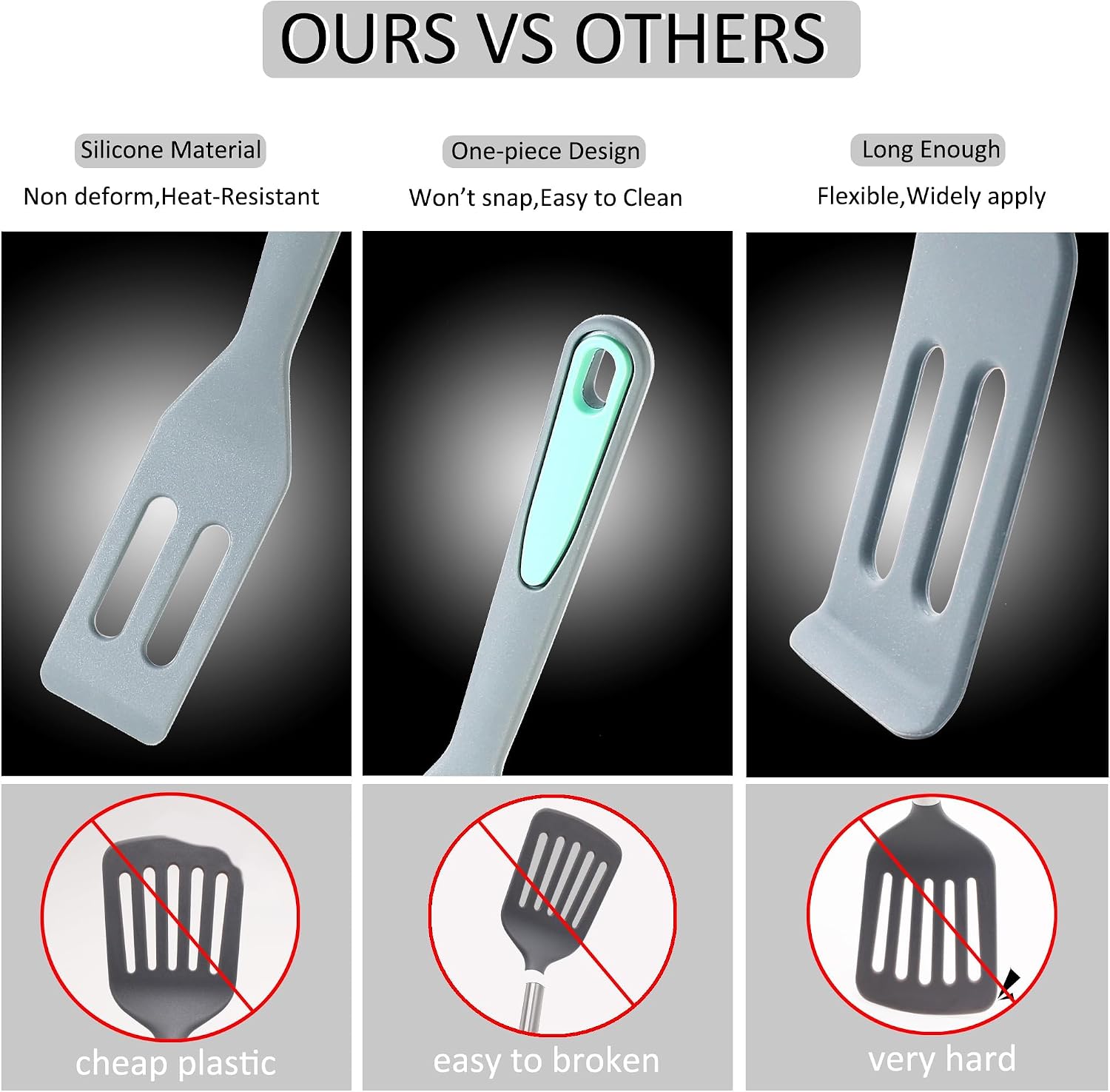 To encounter 5 Pieces Silicone Spatula Set, Non-Stick Silicone Turner Spatulas, Heat Resistance Cooking Utensils, Flip Turner for Fish, Egg, Pancake,Dishwasher Safe, Light Grey - Image 2