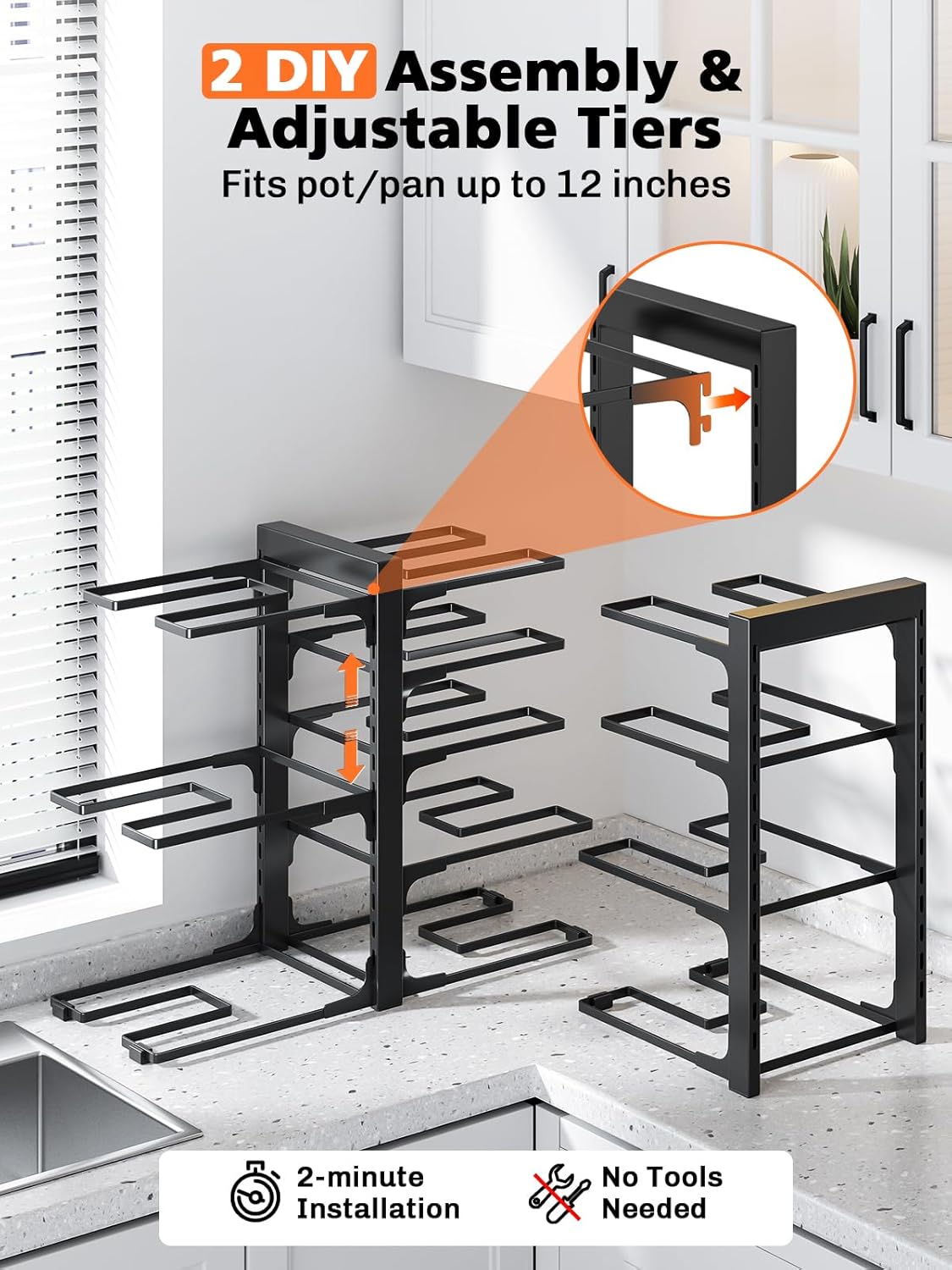 MUDEELA 8-Tier Pots and Pans Organizer under Cabinet, 15.83" Height Heavy Duty Pot Pan Organizer Kitchen Cabinet Organization and Storage, Adjustable Pot Rack for Frying Pan, Cast Iron Skillet, Black - Image 6