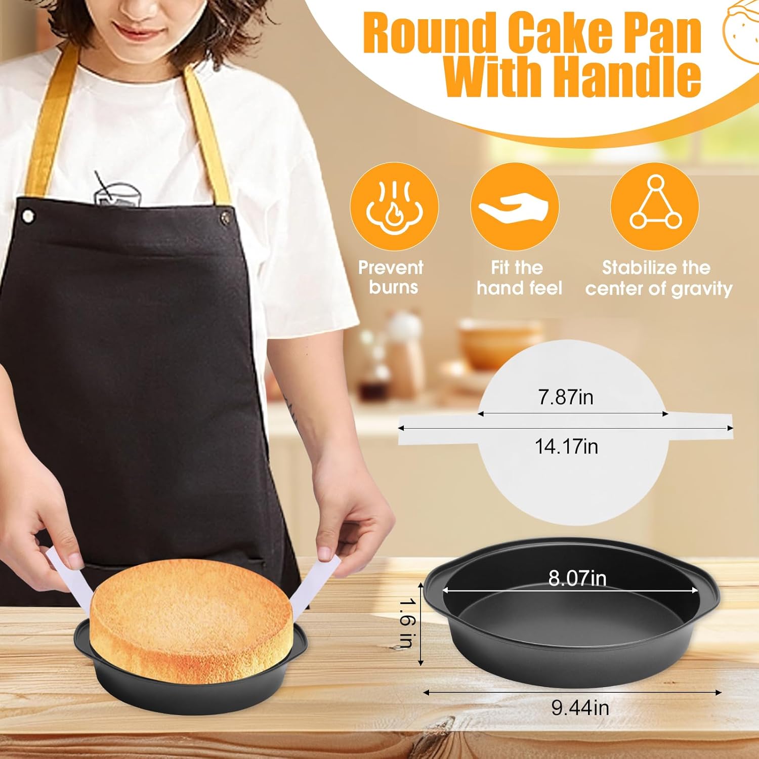 8" Round Cake Pan, 3PCS Nonstick Cake Pans with 100 PCS Parchment Paper, Carbon Steel Cake Baking Pans with Handle, Dishwasher Safe - Image 2