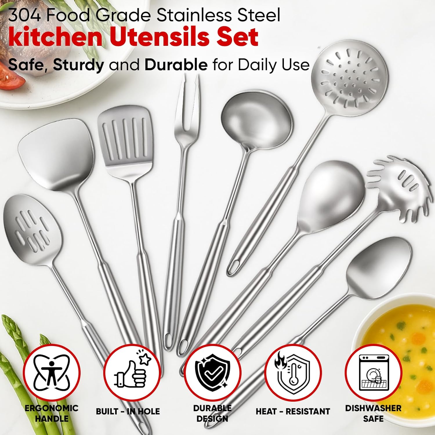 Newness 9 Pcs Cooking Utensils Set, 304 Stainless Steel Kitchen Utensils Set, Metal Kitchen Accessories, Include Soup Ladle, Slotted Skimmer Spoon, Spaghetti Spoon and Spatula, Dishwasher Safe - Image 4
