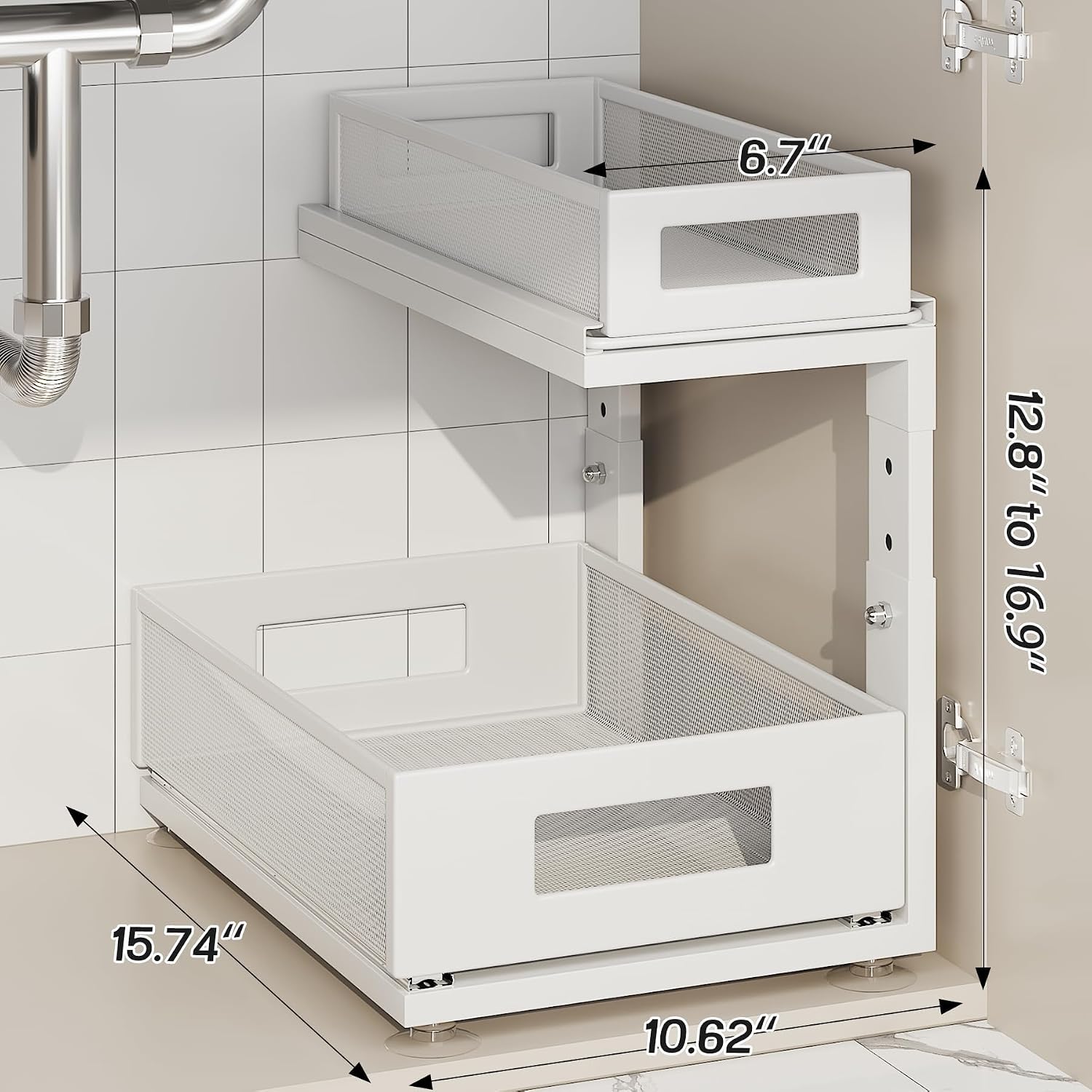 2 Pack Under Sink Organizer With Next-Gen Ball-Bearing Slides,2-Tier Pull Out Cabinet Storage,Height Adjustable Drawer Shelf for Bathroom,Kitchen,Laundry,Cabinet,Pantry(Patent Pending) - Image 2