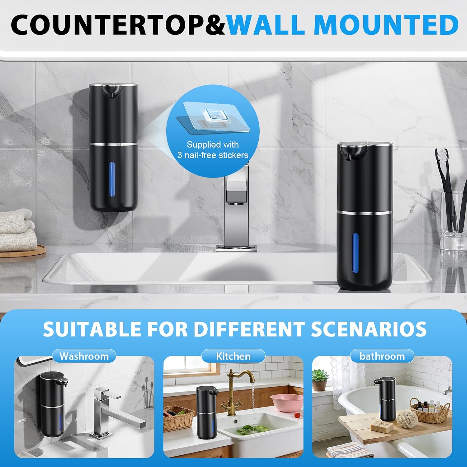 Fantictas Automatic Soap Dispenser Touchless Automatic Foam Soap Dispenser 380ML 4 Adjustable Levels 1200mAh Soap Dispensing Wall Mount for Kitchen and Bathroom,Black - Image 8