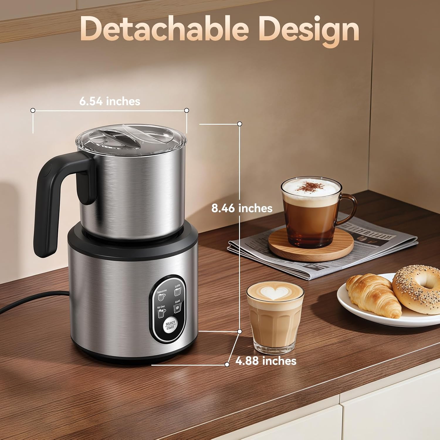 Milk Frother and Steamer, 4-in-1 Automatic Electric Milk Frothers, 24oz Detachable Stainless Steel Jug with Latte Art Spout, Hot & Cold Foam Maker for Coffee, Lattes, Cappuccinos - Image 7