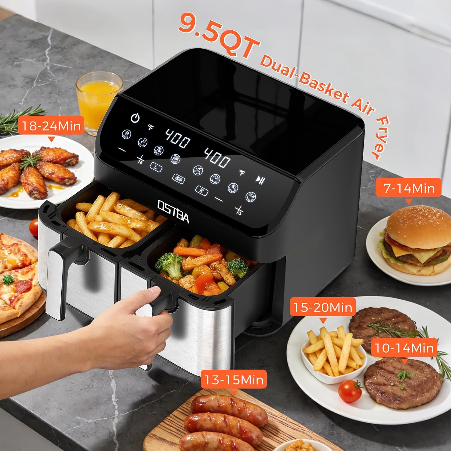 OSTBA 9.5QT Double Air Fryer, 1700W Dual Air Fryer with 2 Independent 4.25QT Stainless Steel Baskets, Digital Touchscreen, Sync Finish, 8 Presets, Auto Shutoff, Nonstick Dishwasher Safe - Image 6