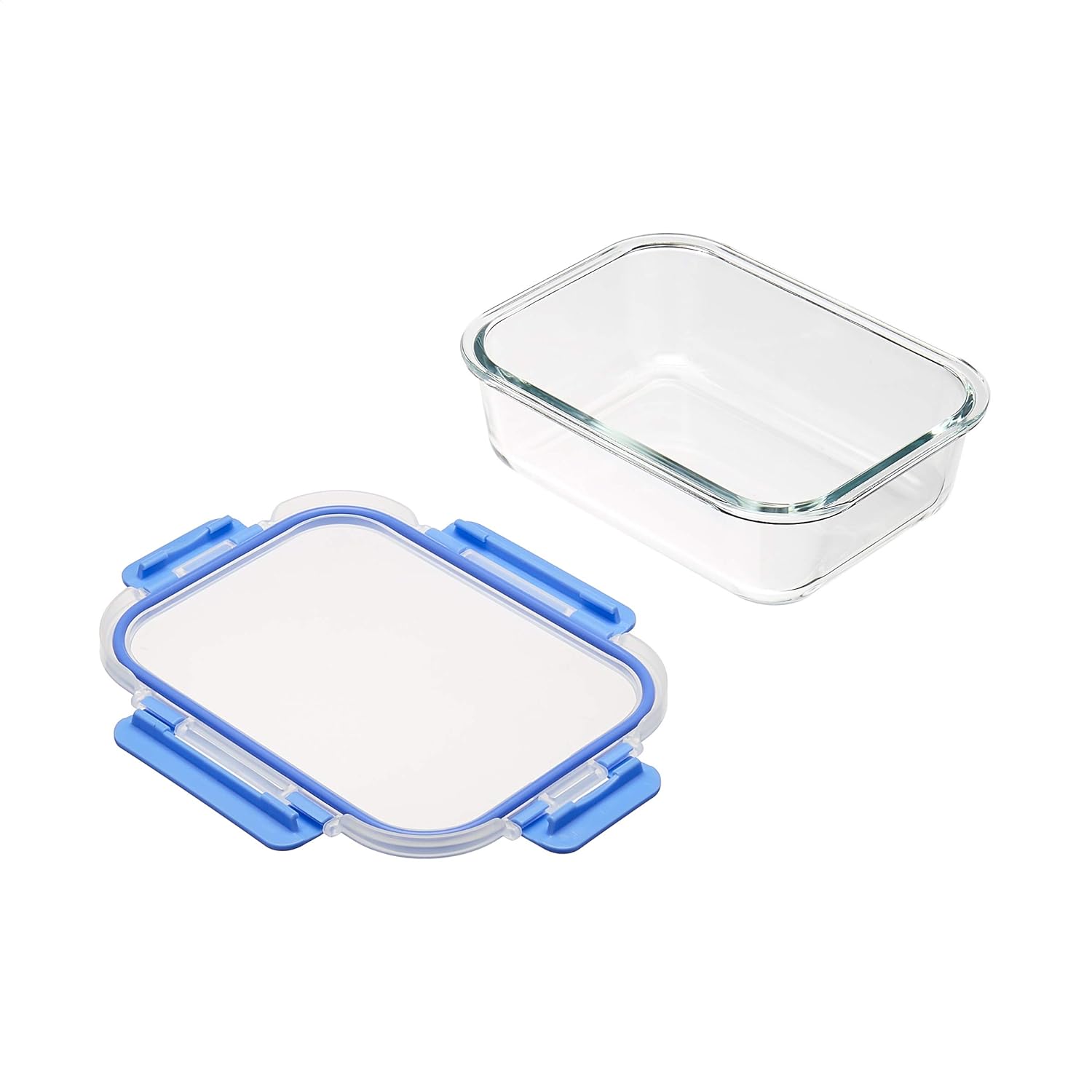 Amazon Basics Glass Food Storage Containers, Leak Proof, Oven Safe, Easy to Clean, Stain Resistant, Set of 7, 14 Pieces Including Lids, BPA-Free, Clear with Blue Silicone Ring - Image 2