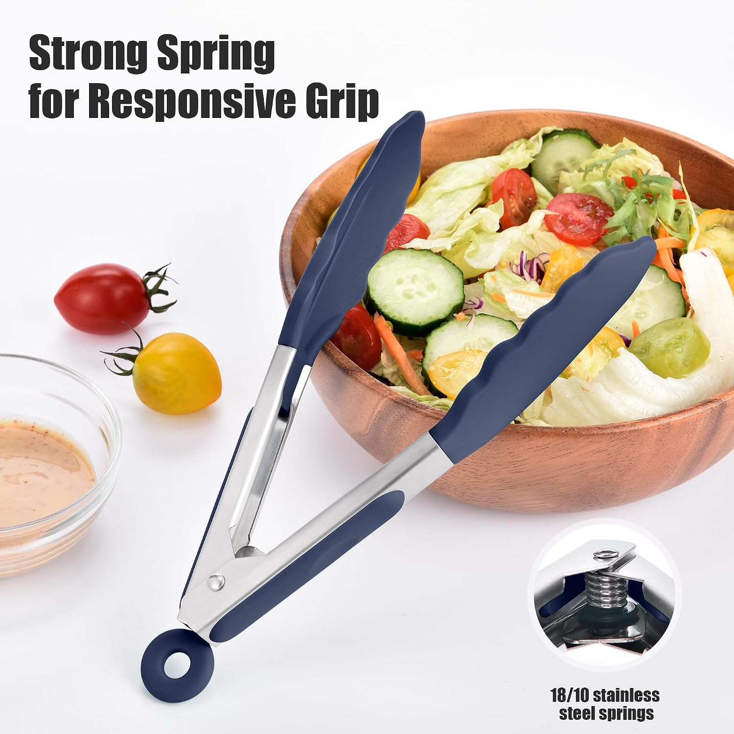 Doosu Kitchen Tongs for Cooking - 600°F Heat Resistant Food Tong Set with Non-Scratch Silicone Tips, Heavy Duty Stainless Steel Locking Tong for BBQ, Grilling Steak, Serving (7+9+12in, Navy Blue) - Image 9