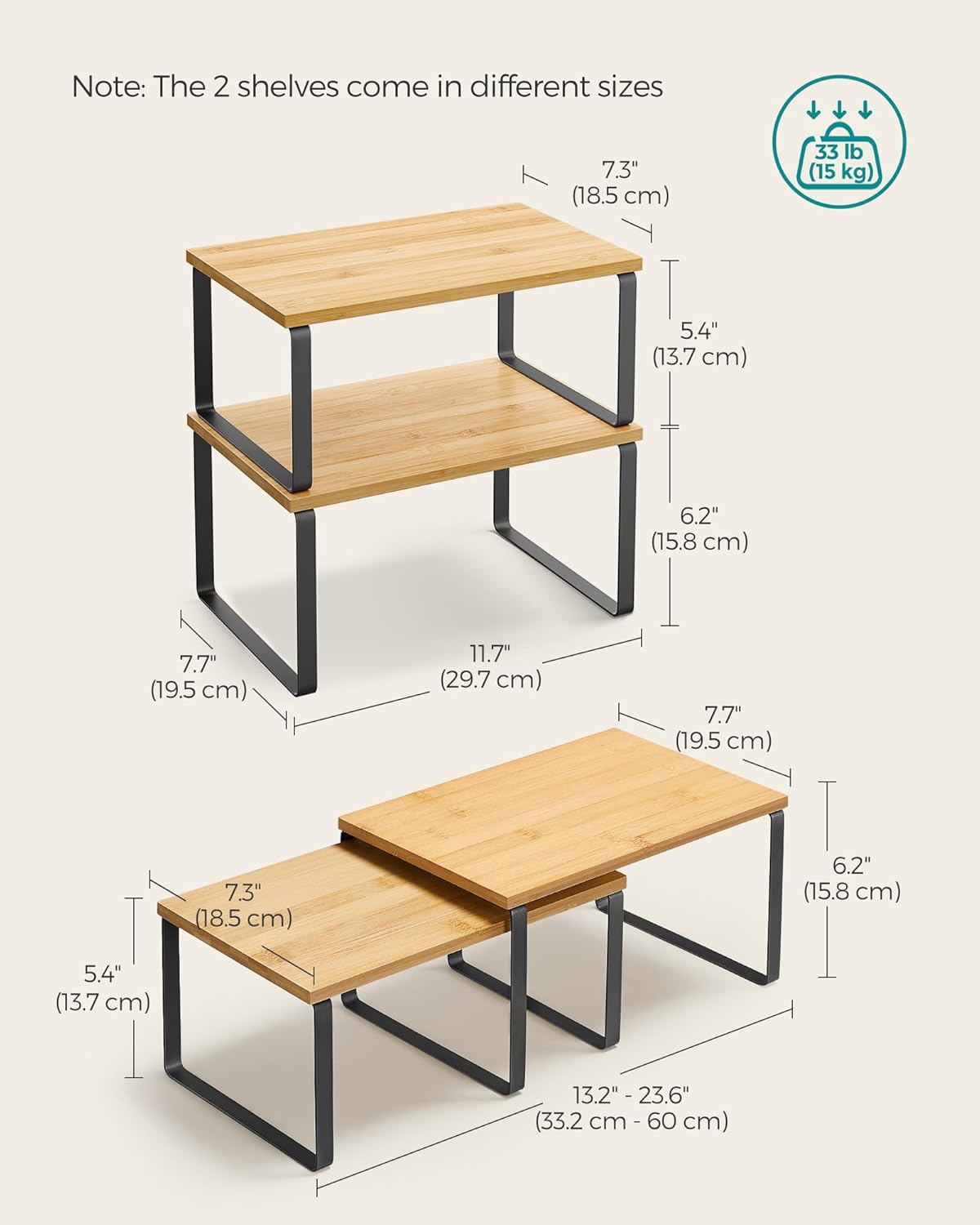 SONGMICS Cabinet Organizer Shelf, Set of 2 Kitchen Counter Shelves, Kitchen Storage, Spice Rack, Stackable, Expandable, Metal and Engineered Wood, 11.7 Inches, Ink Black and Natural Beige UKCS02NB - Image 2