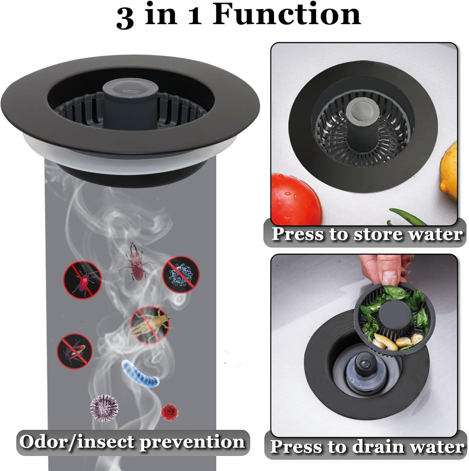 BAOLSLS 3 in 1 Kitchen Sink Stopper, Pop Up Kitchen Sink Drain Strainer, with an Extra Basket Strainer, Kitchen Sink Drain Stopper for US Standard 3-1/2 Inch, Matte Black - Image 2
