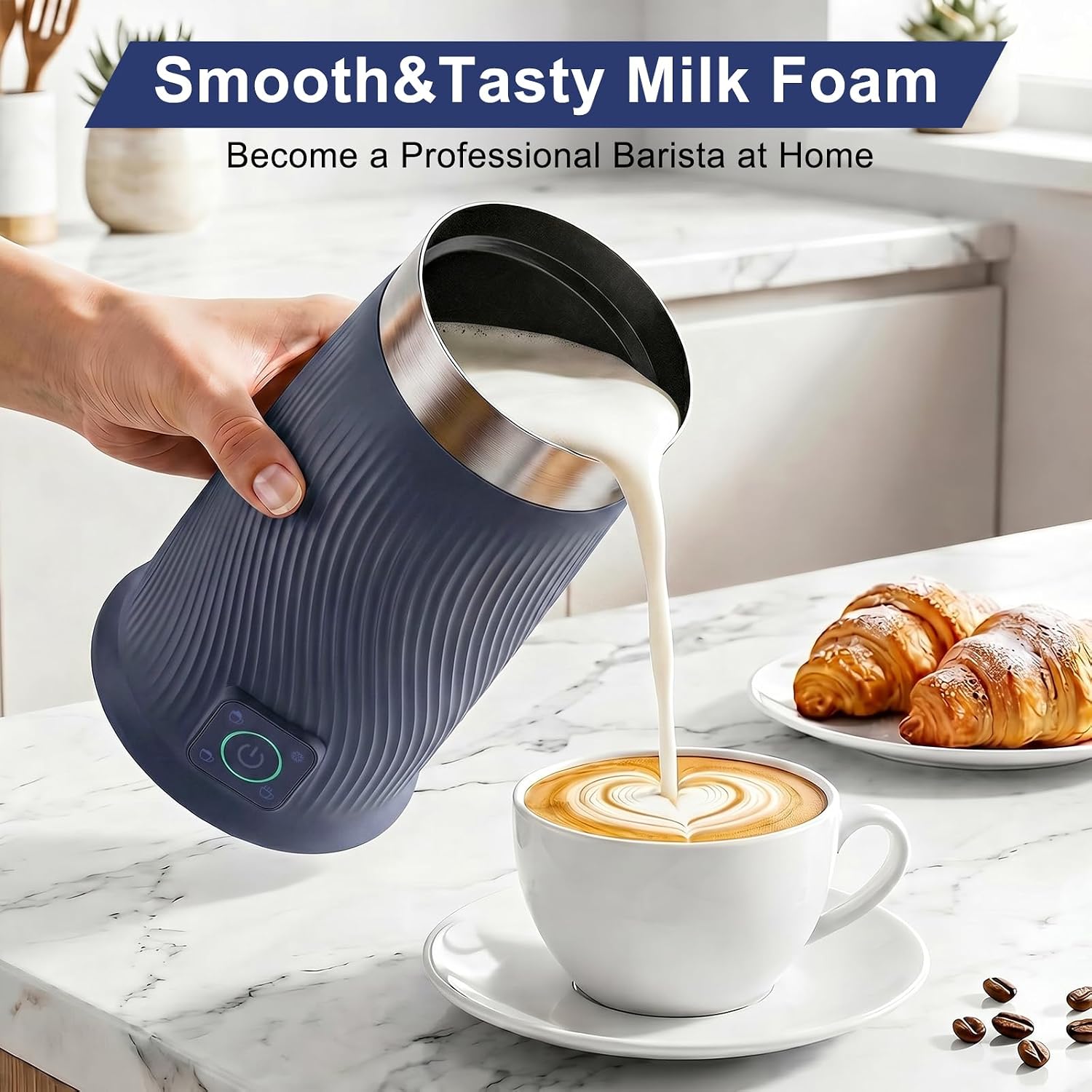 Wowteam Milk Frother, 4-in-1 Electric Milk Steamer, Warm and Cold Milk Warmer and Foam Maker for Coffee, Latte, Cappuccinos, Macchiato, 8.2oz/240ml, Stainless Steel (Blue) - Image 2