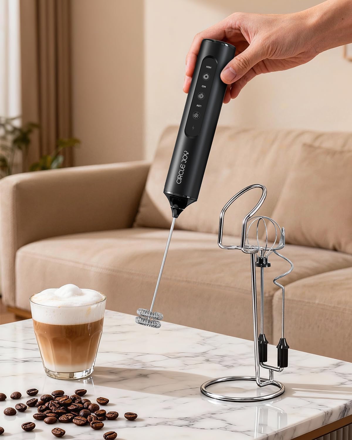 CIRCLE JOY Rechargeable Handheld Milk Frother Wand with Stand, 3 Variable Speeds, 3 Whisks and Storage Box, Electric Drink Mixer for Latte, Cappuccino, Hot Chocolate, Eggs and Protein Powder, Black - Image 7