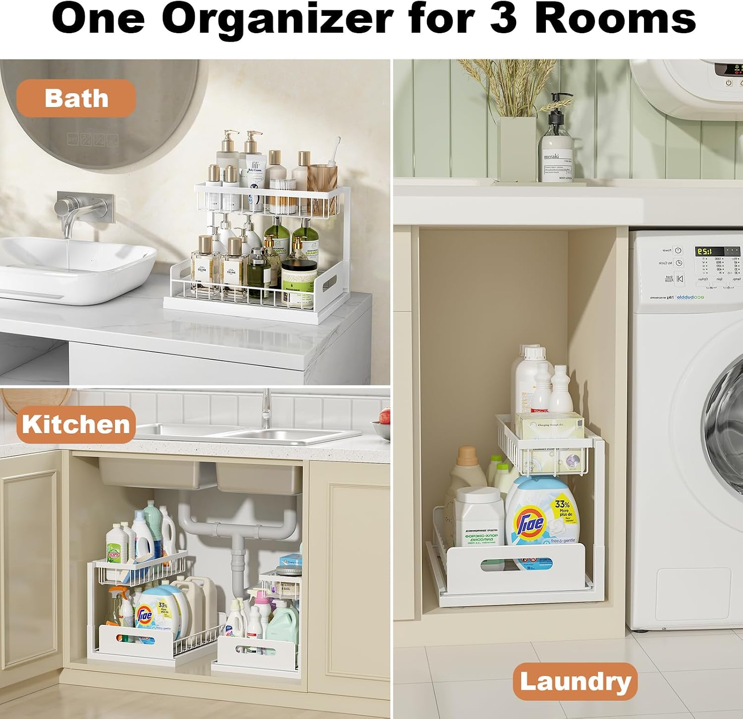 REALINN Under Sink Organizer, Pull Out Cabinet Organizer, 2 Tier Metal Slide Out Shelf with L Shaped Design for Kitchen, Bathroom, Laundry, and Utility Cabinet Storage for Deep Cabinets, White, 2 Pack - Image 3