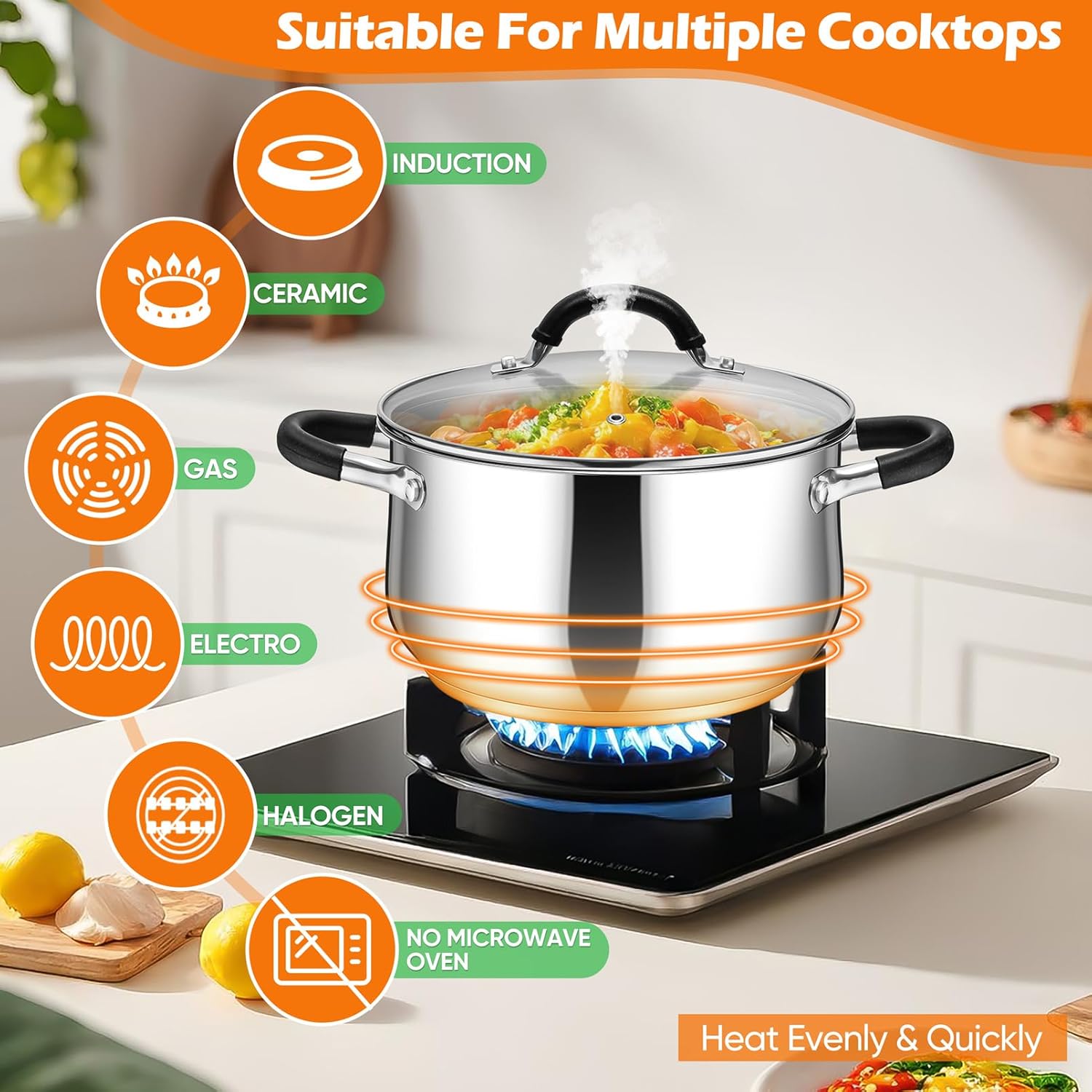 P&P CHEF Stainless Steel Stock Pot, 6 Qt Cooking Soup Pot with Visible Lid for Pasta, Tri-Ply Bottom & Dual Heatproof Handles, For Induction Gas All Stoves, Non-Toxic & Dishwasher Safe - Image 6