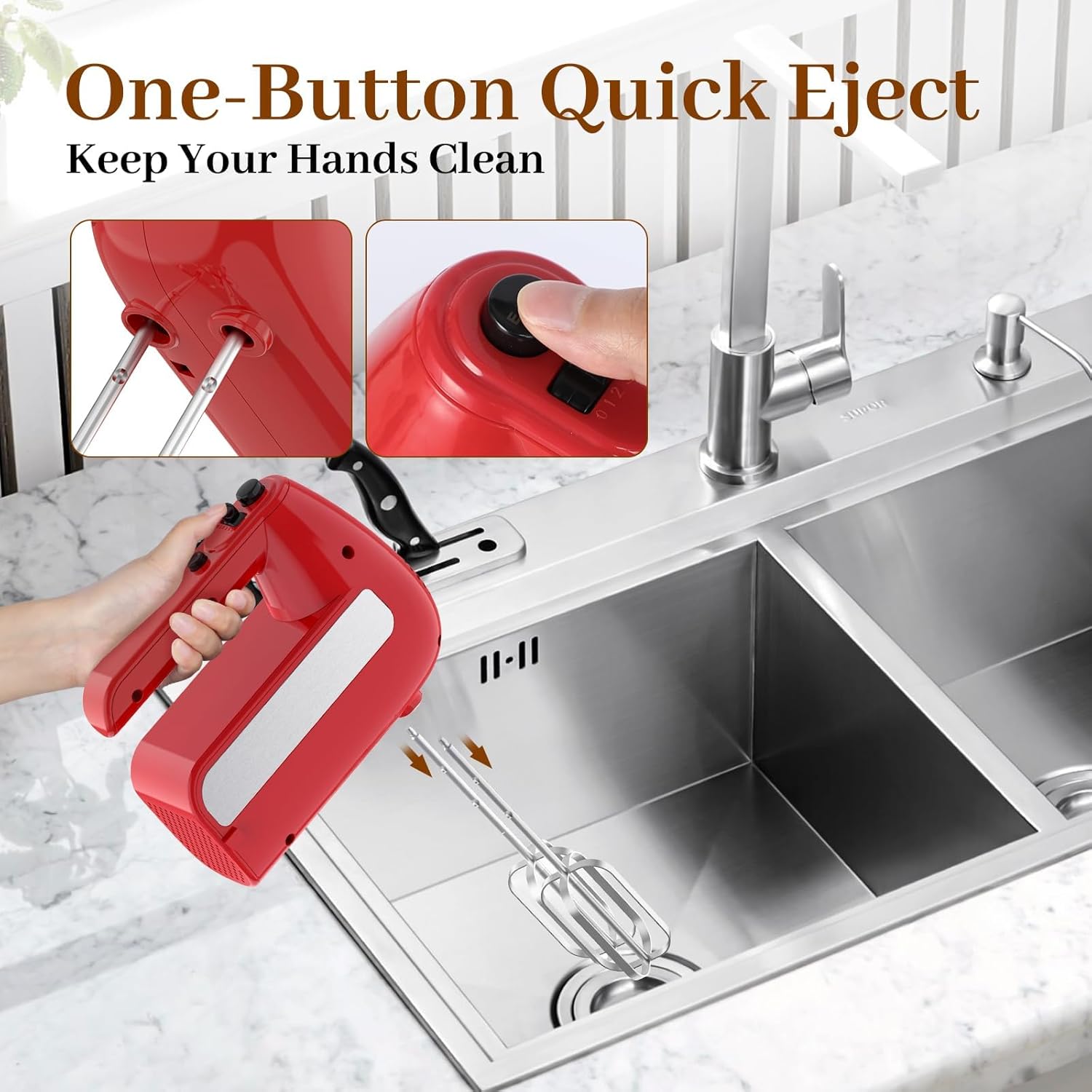 5-Speed Electric Hand Mixer, 800W Handheld Mixer with Turbo for Baking & Cooking, Kitchen Food Mixer with Storage Case & 6 Stainless Steel Attachments (2 Beaters, 2 Dough Hooks, 2 Whisks)-Red - Image 5
