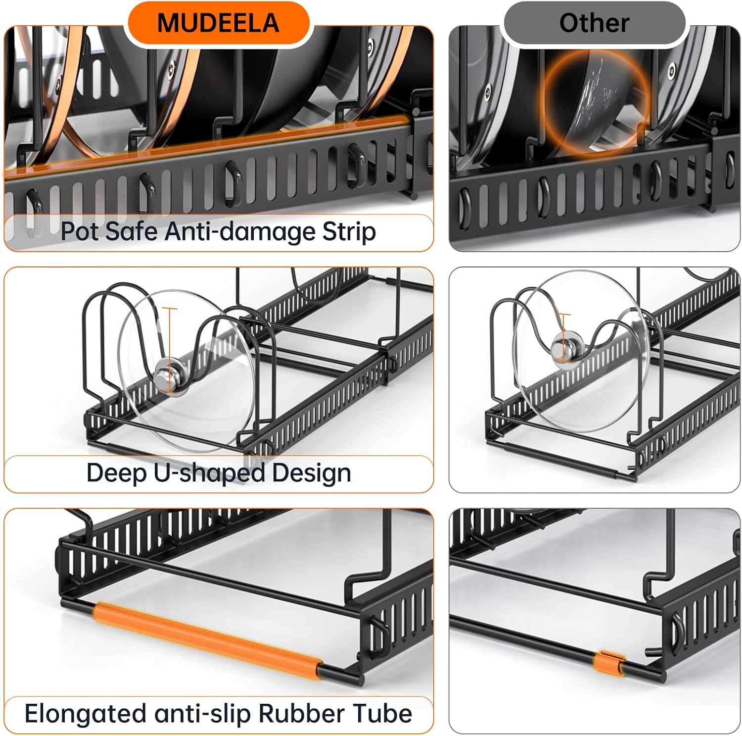 MUDEELA Pots and Pans Organizer Rack for under Cabinet, Expandable 11.81''-22.85'' Pot Lid Kitchen Cabinet Organizer Holder with 10 Adjustable Compartment Cutting Board Organizer for Pan Lid, Bakeware - Image 4