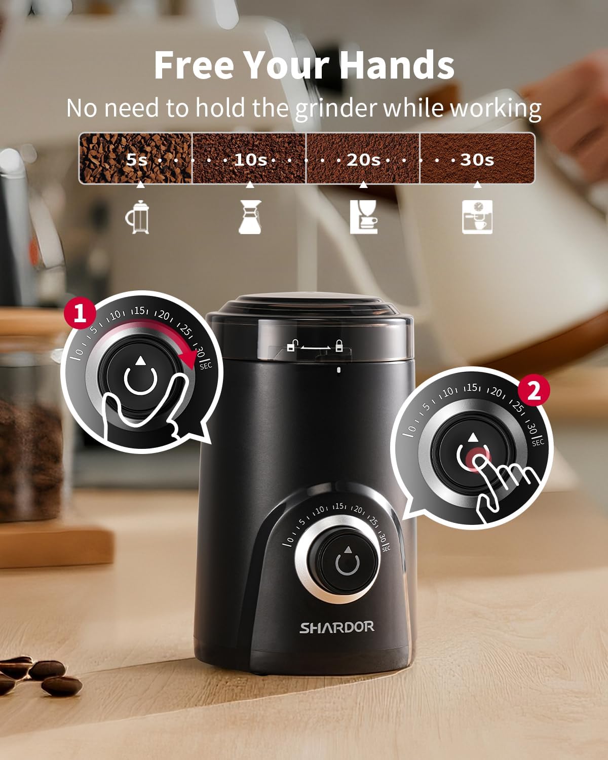 SHARDOR Electric Coffee Grinder, 70g Large Capacity Spice Grinder with Visual Timing Knob for Precise Grind, Quiet Coffee Bean Grinder for Espresso, French Press, Herbs and Grains, Black - Image 4