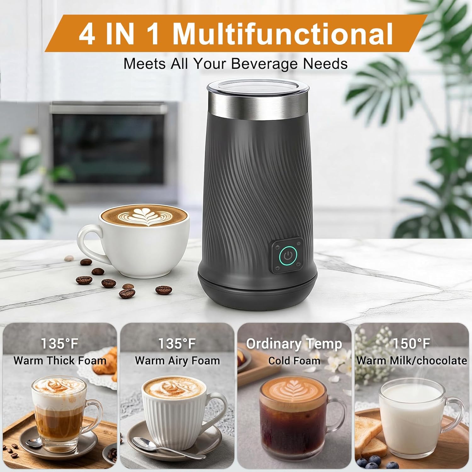 Wowteam Milk Frother, 4-in-1 Electric Milk Steamer, Warm and Cold Milk Warmer and Foam Maker for Coffee, Latte, Cappuccinos, Macchiato, 8.2oz/240ml, Stainless Steel (Black) - Image 3