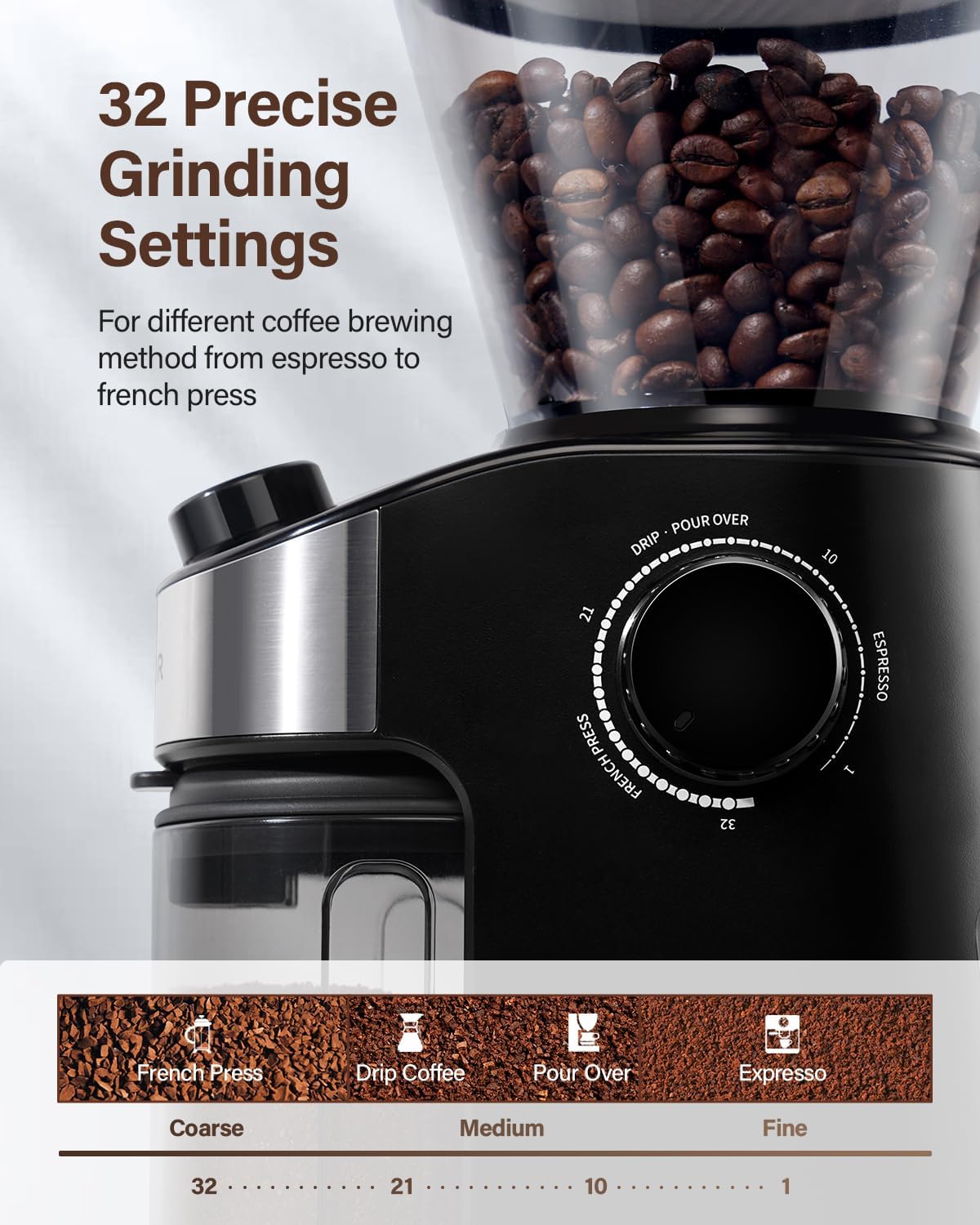 SHARDOR Burr Coffee Grinder Electric with 32 Grinding Sizes 4.0, Coffee Grinders for Home Use with 40 Seconds Adjustable Electronic Timer, Coffee Bean Grinder with Chamber Cleaning Button,Black - Image 3