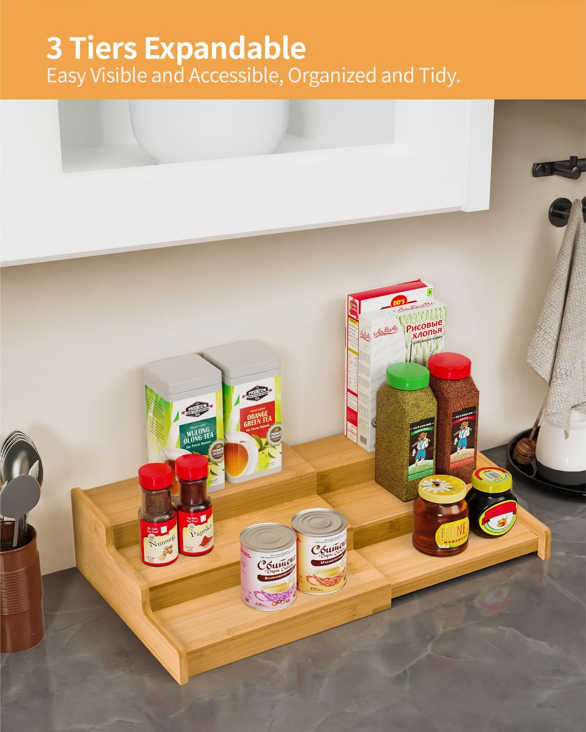 VenDotbi Spice Rack, 3-Tier Expandable Bamboo Spice Rack Organizer for Cabinet - Kitchen, Pantry and Cupboard Storage Organizer - Image 3