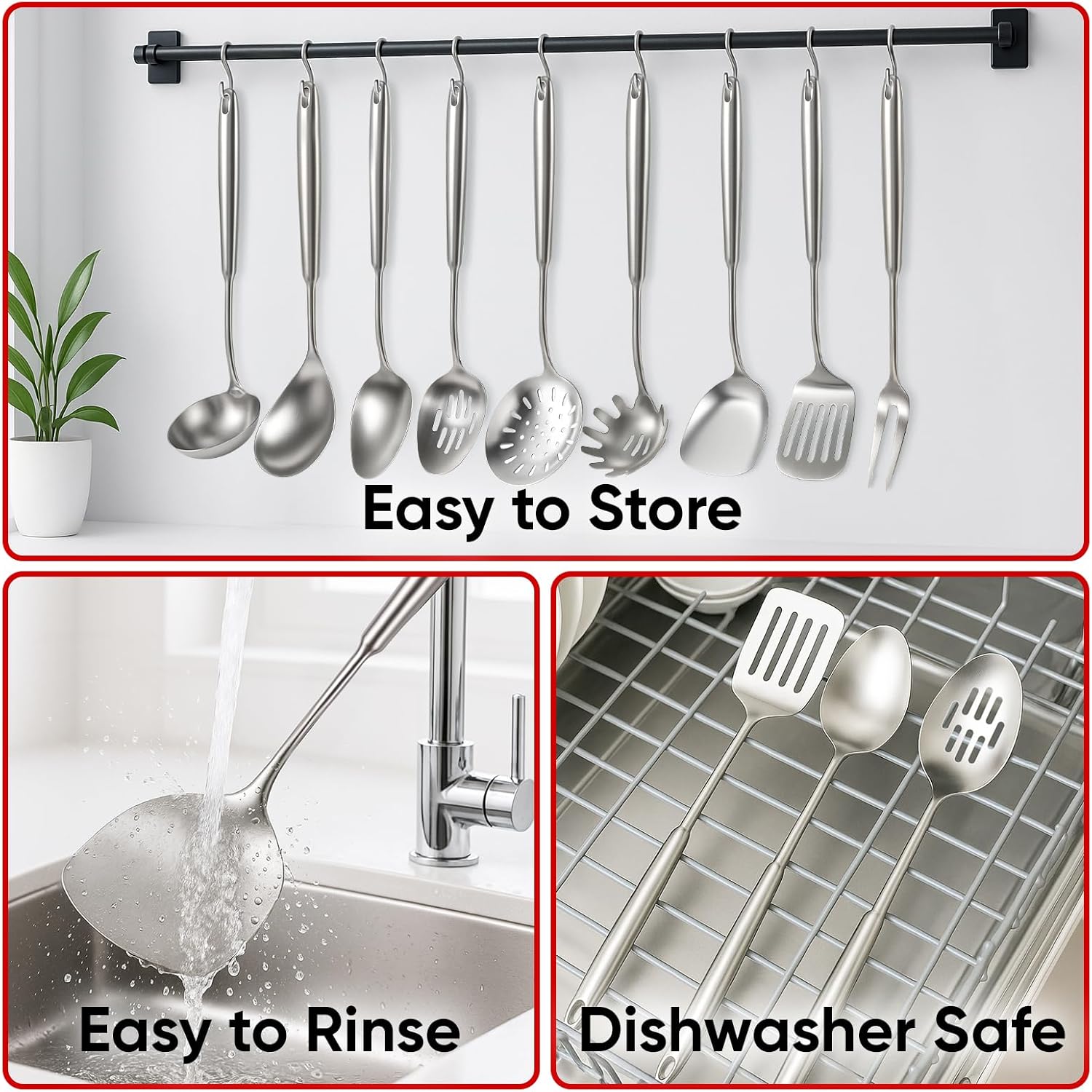 Newness 9 Pcs Cooking Utensils Set, 304 Stainless Steel Kitchen Utensils Set, Metal Kitchen Accessories, Include Soup Ladle, Slotted Skimmer Spoon, Spaghetti Spoon and Spatula, Dishwasher Safe - Image 6
