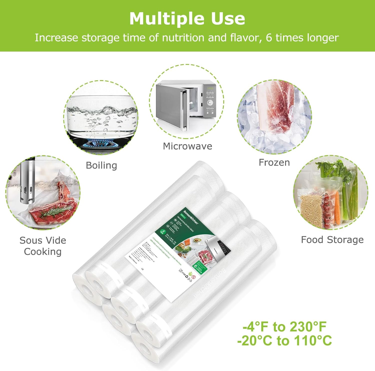 Bonsenkitchen Vacuum Sealer Rolls Bags, 6 Pack 3 Rolls 11" x 20' + 3 Rolls 8" x 20' Commercial Grade BPA Free Bag Rolls, Durable Customized Size Food Vac Bags for Storage and Sous Vide Cooking VB3211 - Image 3