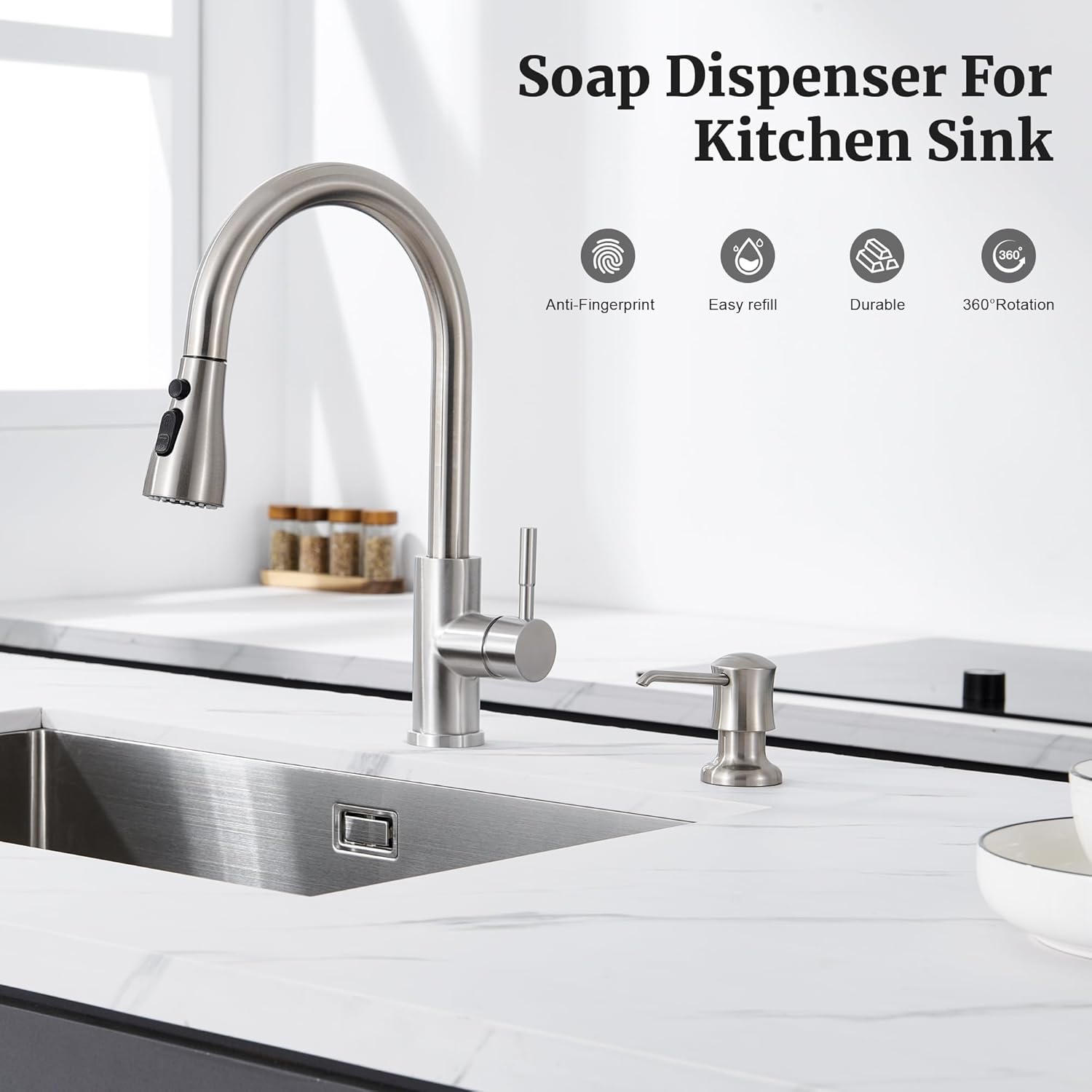 Soap Dispenser for Kitchen Sink Brushed Nickel, Built-in and Refill-from-Top Design with Liquid Hand & Dish Soap Bottle - Image 2