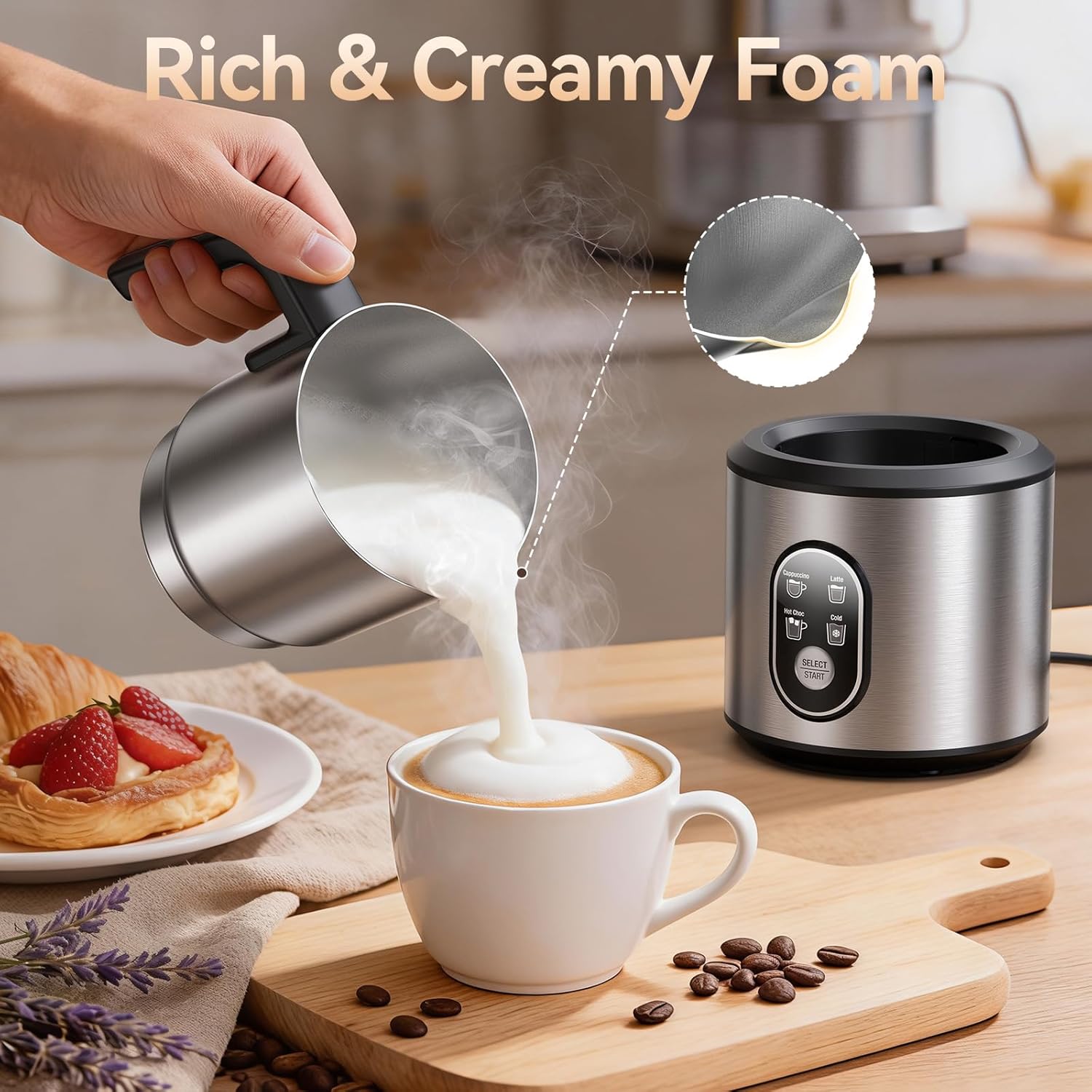 Milk Frother and Steamer, 4-in-1 Automatic Electric Milk Frothers, 24oz Detachable Stainless Steel Jug with Latte Art Spout, Hot & Cold Foam Maker for Coffee, Lattes, Cappuccinos - Image 4