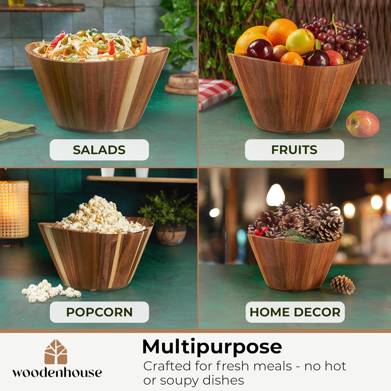 Woodenhouse Wooden Salad Bowl Set, Salad Bowls Set of 3 - Wavy Design Salad Bowl Set for Serving, Handmade, Durable and Stylish Natural Wood Dining Accessory - Image 3