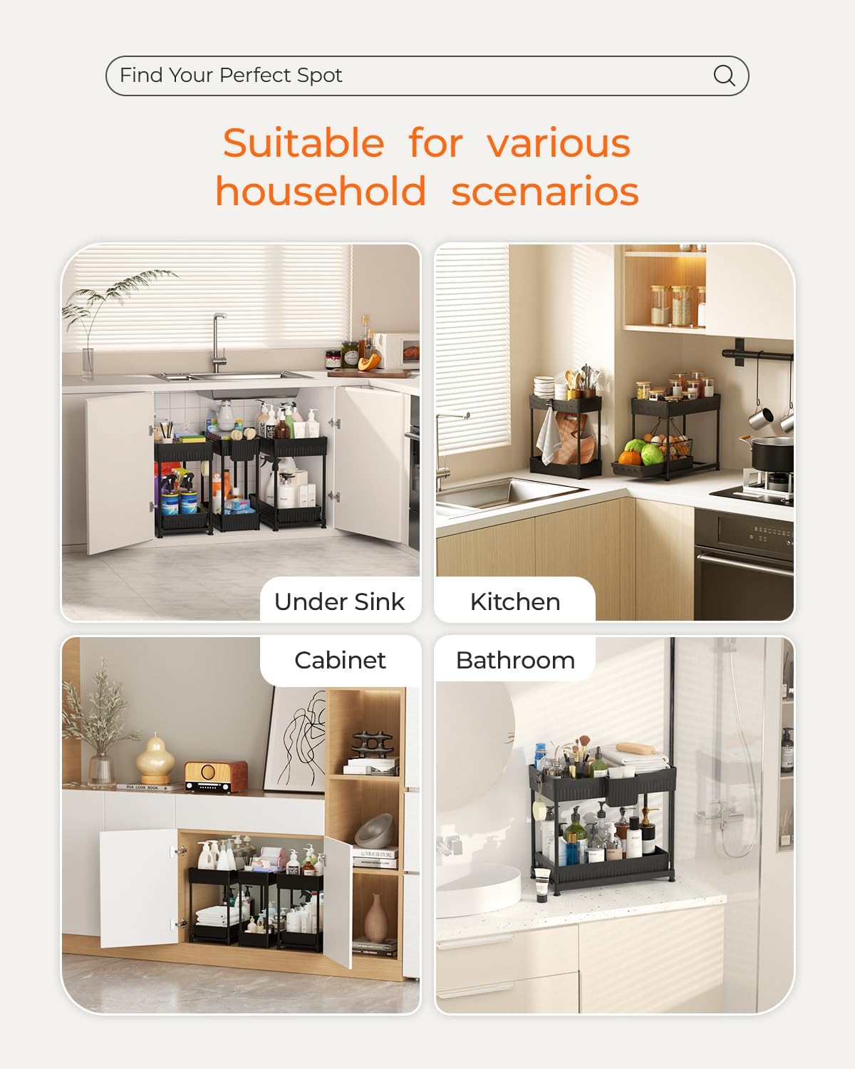 Sevenblue 3-Pack 2-Tier Under Sink Organizers with Sliding Drawers | Multi-use kitchen & bathroom storage, 12.8 inch black cabinet organizer, space-saving sliding drawer design. - Image 4