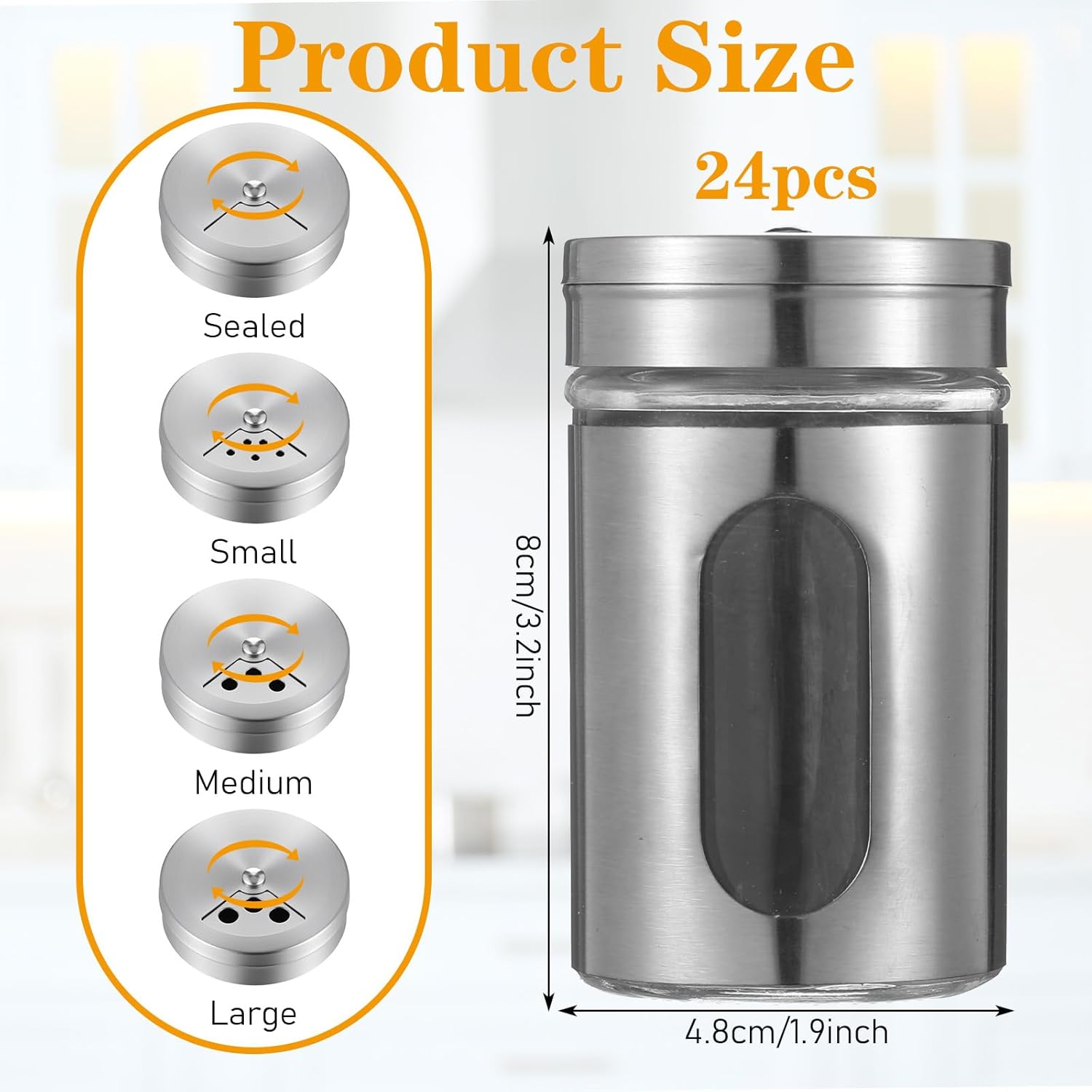 24 Pcs Stainless Steel Spice Jars with Shaker Lids, Seasoning Jars with Adjustable Pour Holes and Glass Window, Empty Spice Bottles for Kitchen Salt Pepper Sugar Seasonings (3.4oz) - Image 2