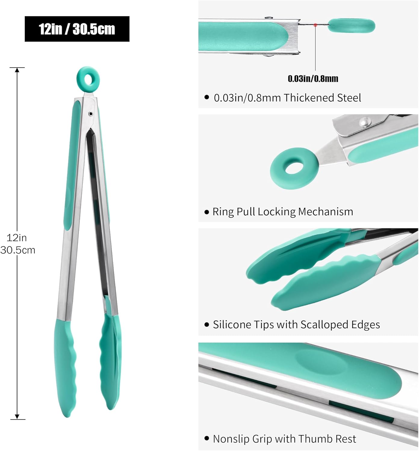 Doosu Kitchen Tongs for Cooking - 600°F Heat Resistant Food Tong with Non-Scratch Silicone Tips, Heavy Duty Stainless Steel Locking Tong for BBQ, Grilling Steak, Serving Salad, Pasta (12in, Aqua Sky) - Image 2