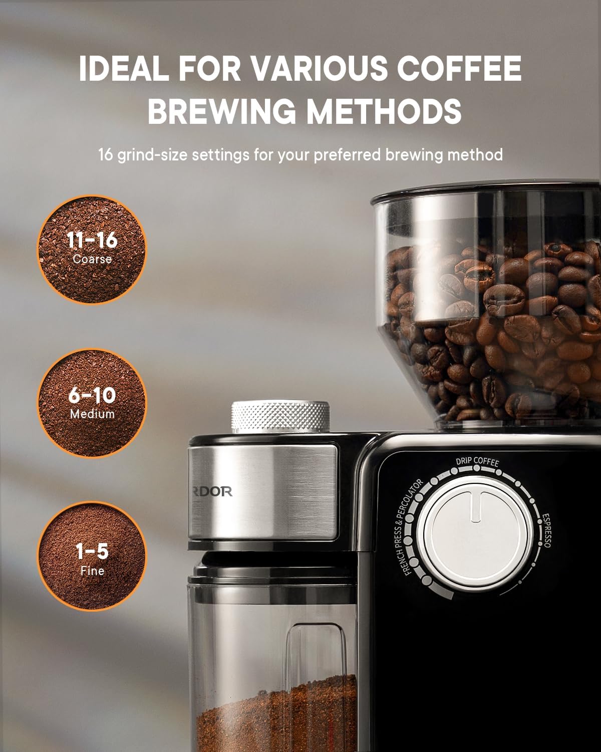 SHARDOR Electric Burr Coffee Grinder 2.0, Automatic Coffee Bean Grinder for Home Use, Adjustable Burr Mill with 16 Precise Settings for Espresso & French Press, Glossy Black - Image 3