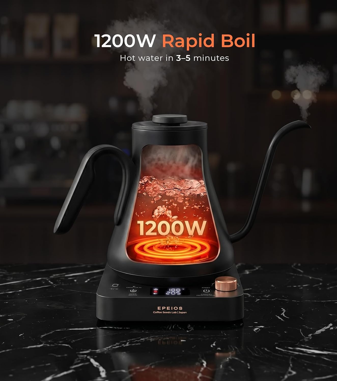 Epeios Electric Kettle, Gooseneck Electric Kettle with ±1°F Temperature Control, 1200W Rapid Heating for Pour Over Coffee & Tea, 304 Stainless Steel Interior, Auto Shut-Off, 0.9L, Black - Image 4
