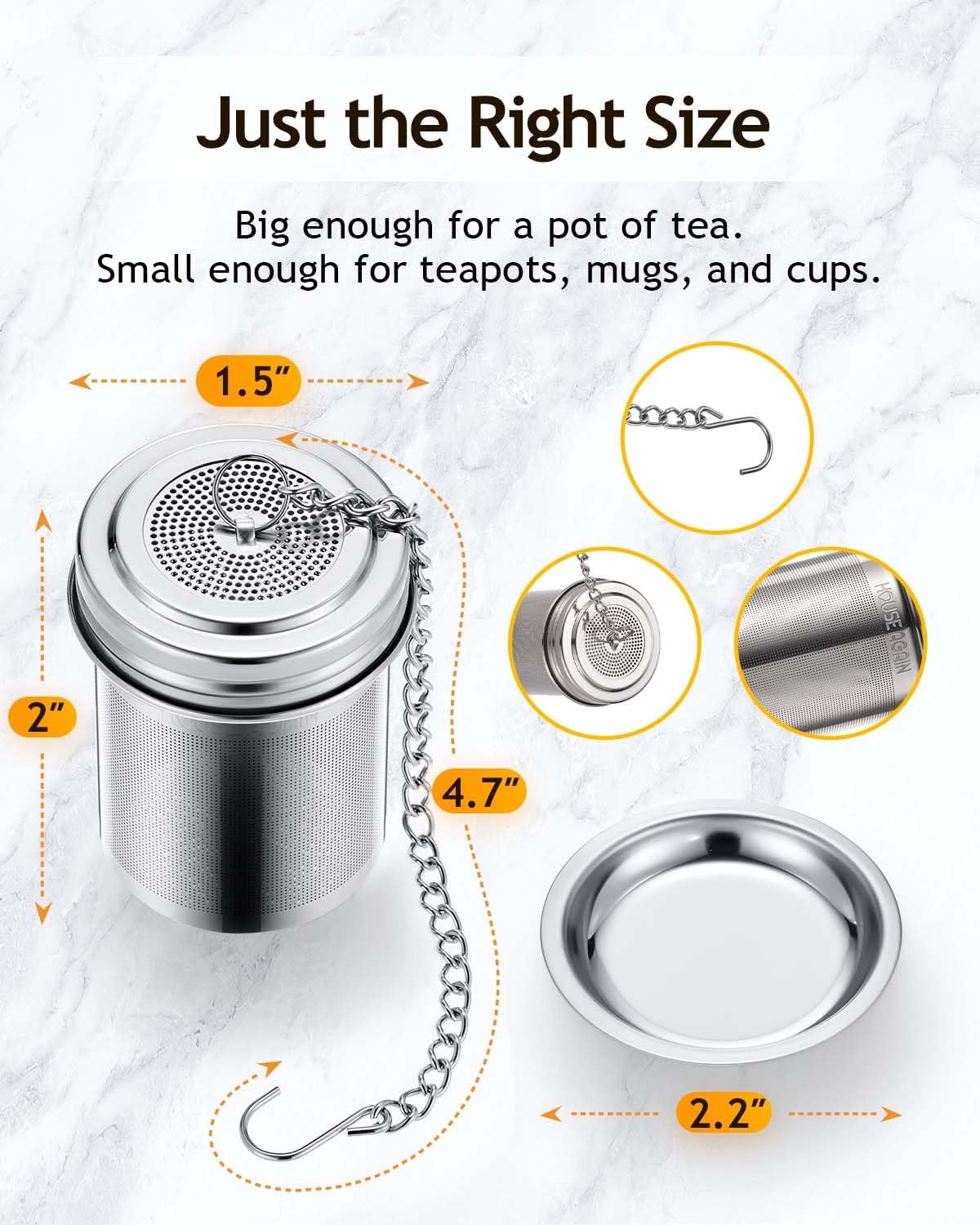 House Again 2 Pack Tea Infuser, Extra Fine Mesh Tea Infusers for Loose Tea, 18/8 Stainless Steel Tea Strainer with Extended Chain Hook, Tea Steeper for Brew Tea, Spices & Seasonings - Image 3