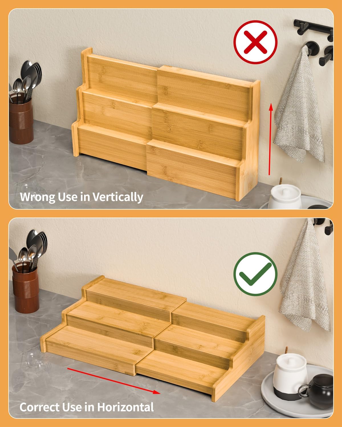 VenDotbi Spice Rack, 3-Tier Expandable Bamboo Spice Rack Organizer for Cabinet - Kitchen, Pantry and Cupboard Storage Organizer - Image 5