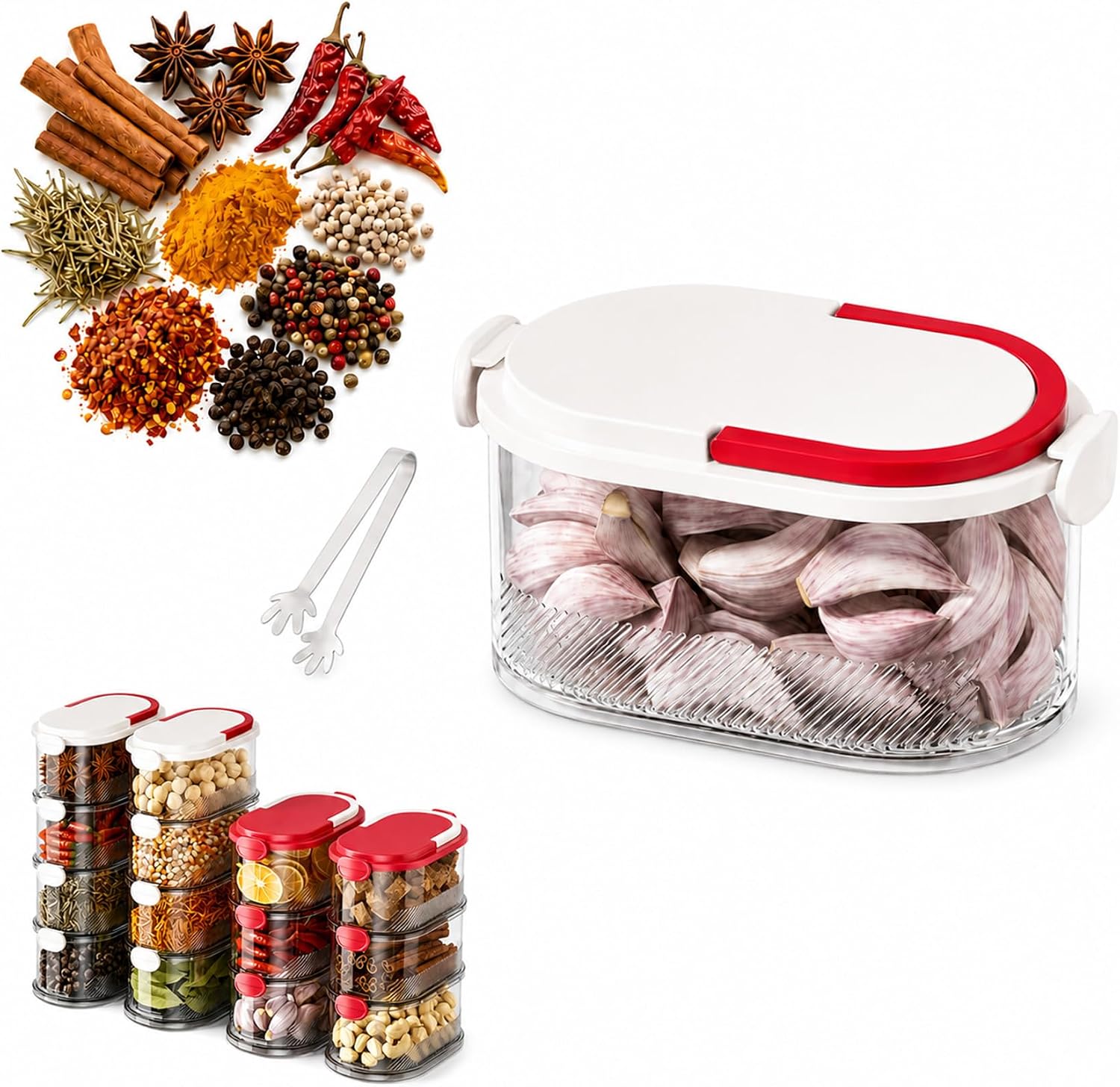 Multi-layer Sealed Spice Organizer, Stackable Multi Spice Container with Easy Lock Lids, Clear Vertical Spice Storage Box for Kitchen Cabinet, Camping, Herbs, Seasonings and Condiments (White, 1PC)