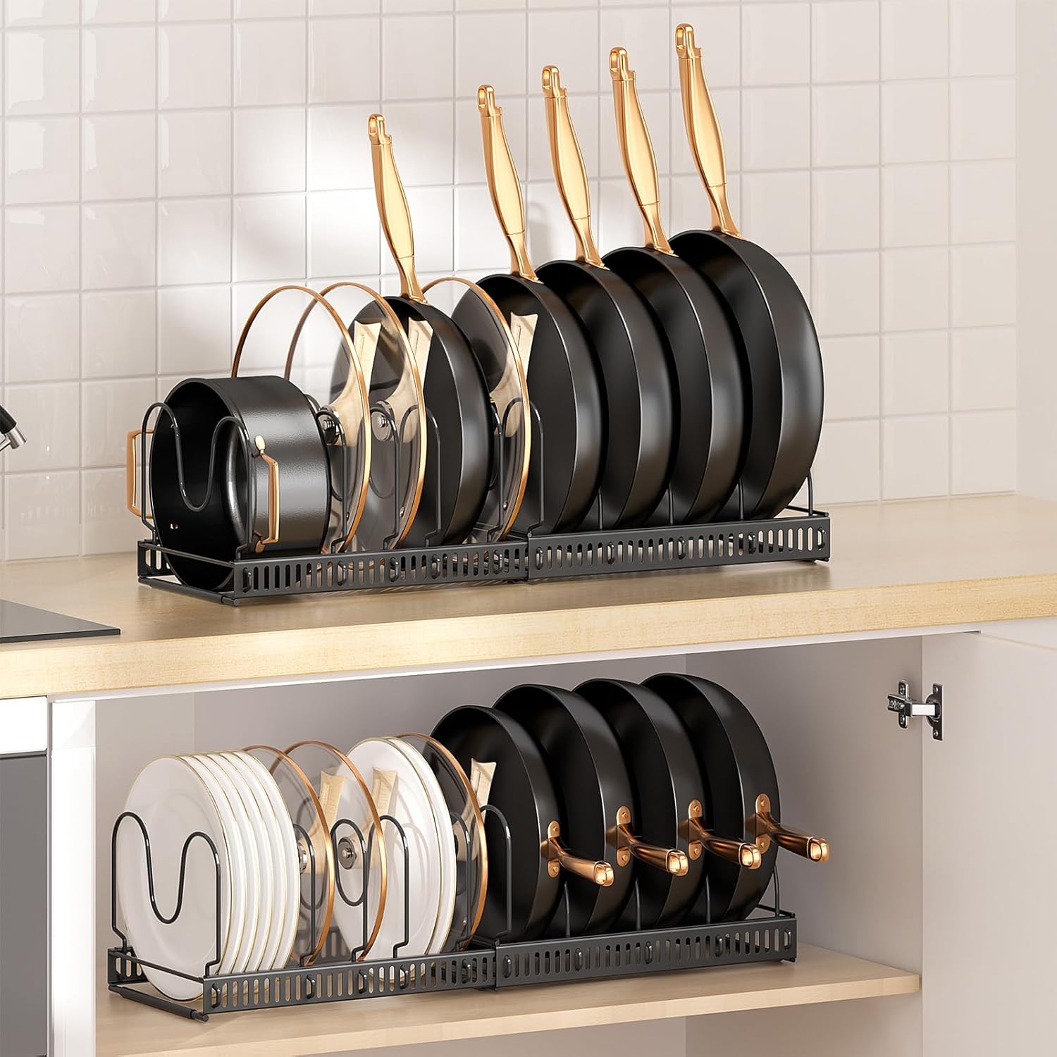 MUDEELA Pots and Pans Organizer Rack for under Cabinet, Expandable 11.81''-22.85'' Pot Lid Kitchen Cabinet Organizer Holder with 10 Adjustable Compartment Cutting Board Organizer for Pan Lid, Bakeware - Image 7