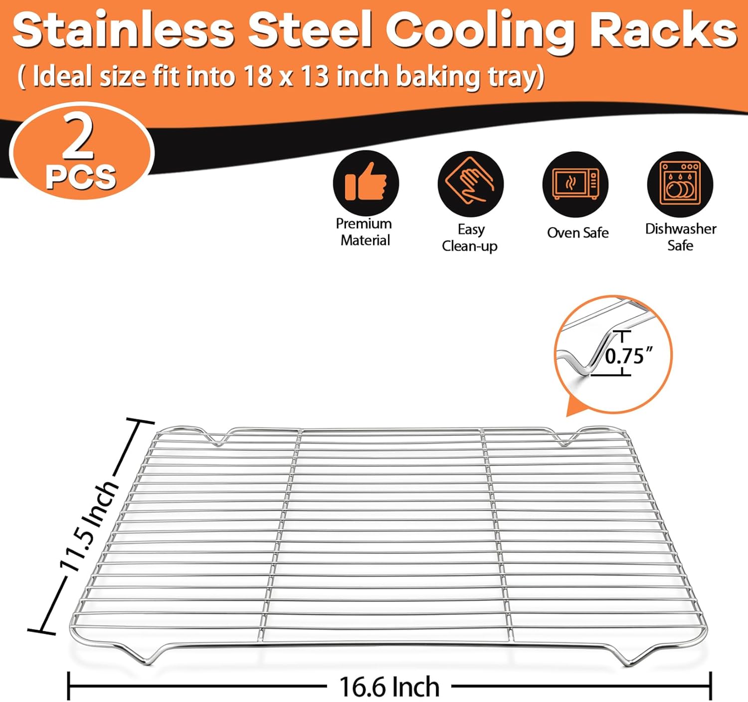 P&P CHEF Cooling Baking Rack Pack of 2, 16.6" x 11.5", Stainless Steel Cooling Racks for Cooking Baking Roasting Grilling Drying, Dense Wires & Smooth Edge, Easy to Clean, Silver - Image 2