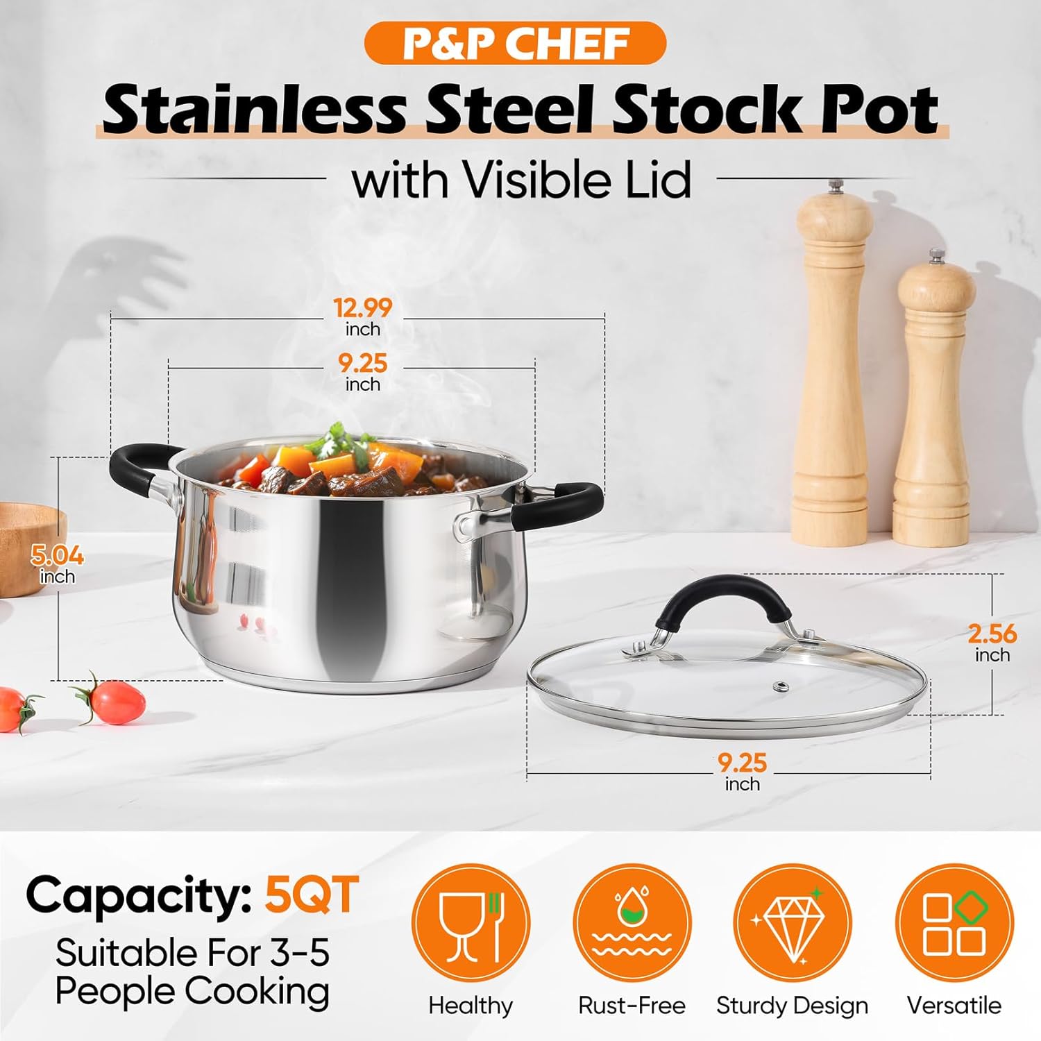 P&P CHEF Stainless Steel Stock Pot, 5 Qt Cooking Soup Pot with Visible Lid for Pasta, Tri-Ply Bottom & Dual Heatproof Handles, For Induction Gas All Stoves, Non-Toxic & Dishwasher Safe - Image 2