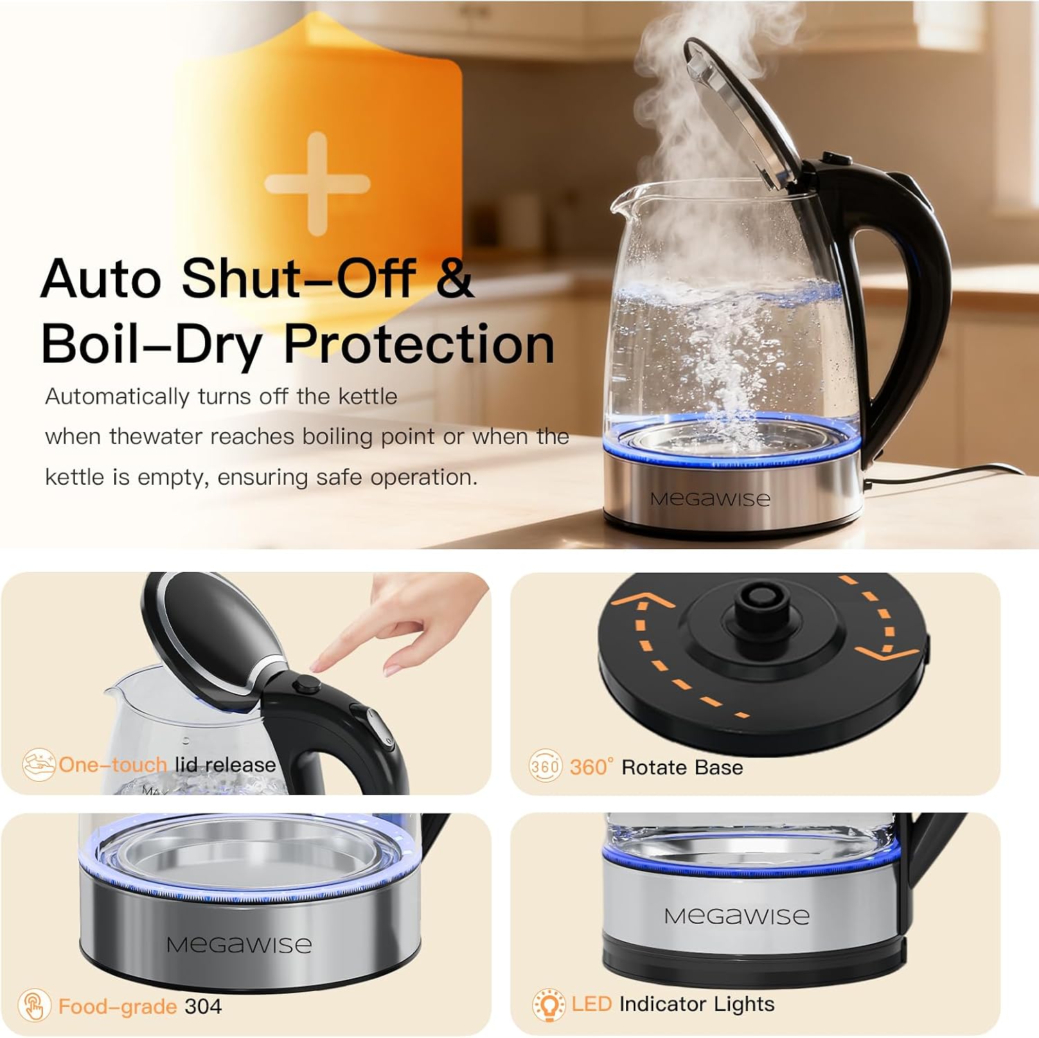 MEGAWISE 1.8L Healthy Electric Kettle, 1800W Borosilicate Glass Tea Kettle with Food Grade Material, Auto Shut-Off and Boil-Dry Protection Cordless Kettle Fast Boiling, BPA Free - Image 5