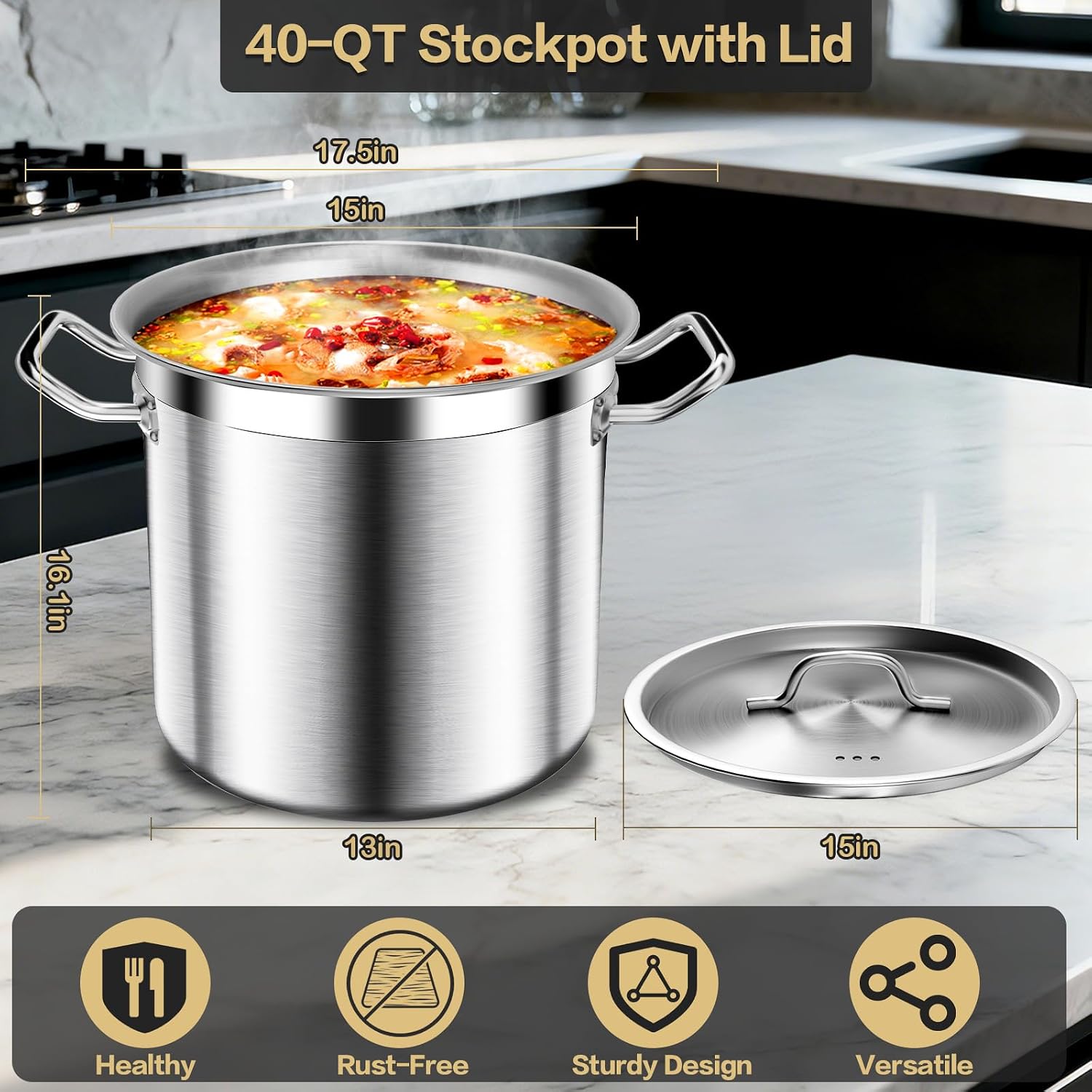 Stainless Steel Stockpot – 40QT Stock Pot with Lid, Heavy-Duty Tri-Ply Bottom Cooking Pot for Canning, Boiling Beer Brewing, Soup, Seafood Boil – Satin Finish Stainless Steel Soup Pot - Image 7