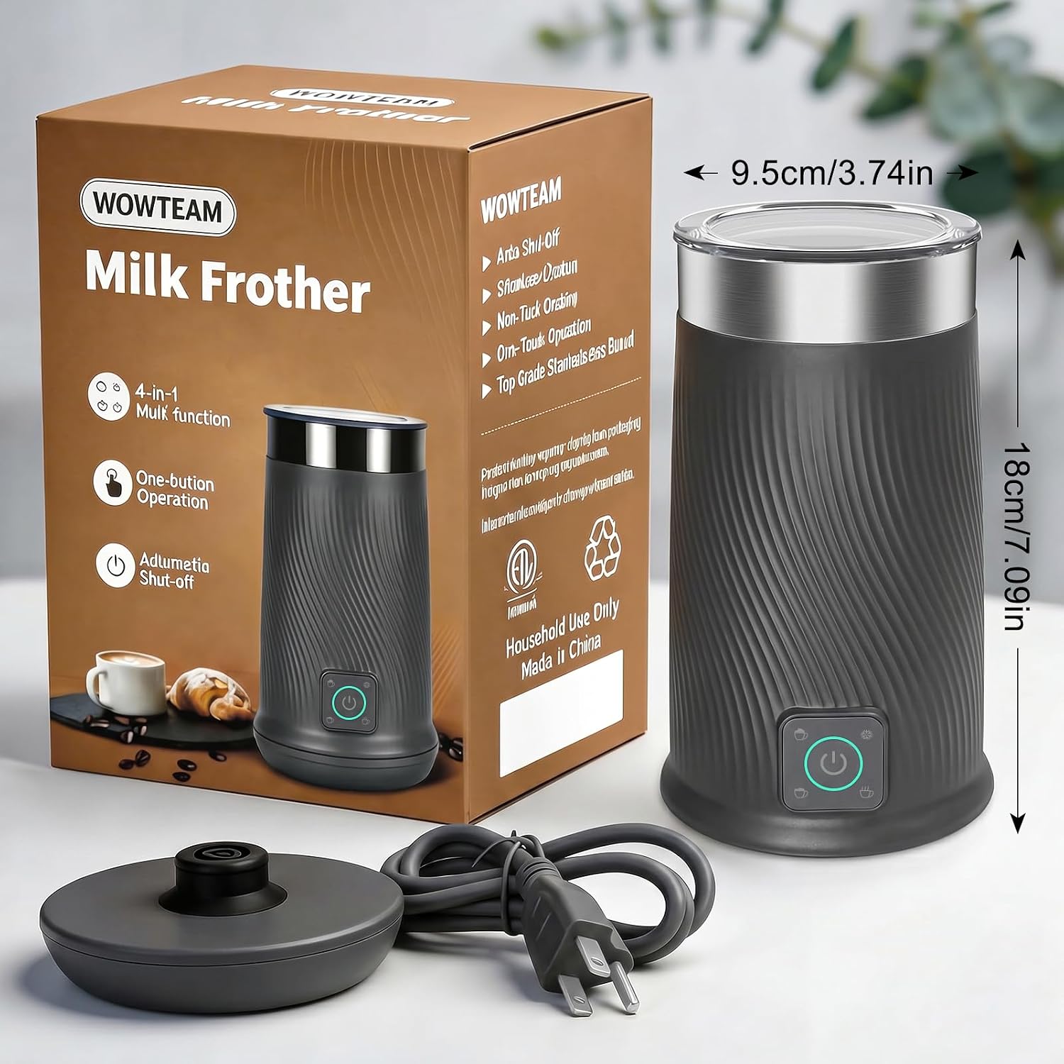 Wowteam Milk Frother, 4-in-1 Electric Milk Steamer, Warm and Cold Milk Warmer and Foam Maker for Coffee, Latte, Cappuccinos, Macchiato, 8.2oz/240ml, Stainless Steel (Black) - Image 7