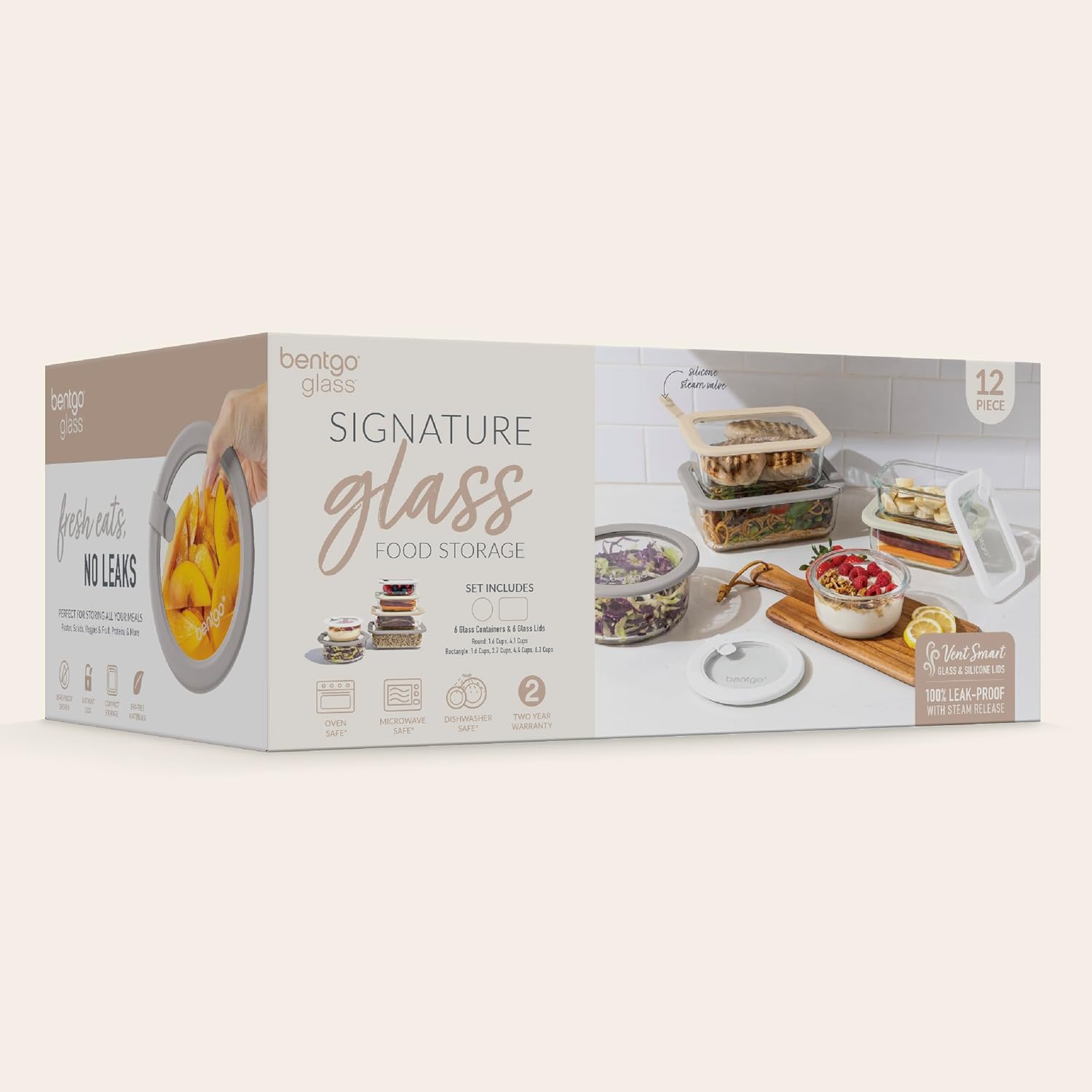 Bentgo Signature Leak-Proof Glass Food Storage - 12-Piece Set, 1-Compartment Plastic-Free Containers with Airtight Glass Lids, BPA-Free, Microwave, Freezer, Oven & Dishwasher Safe (White Stone) - Image 7