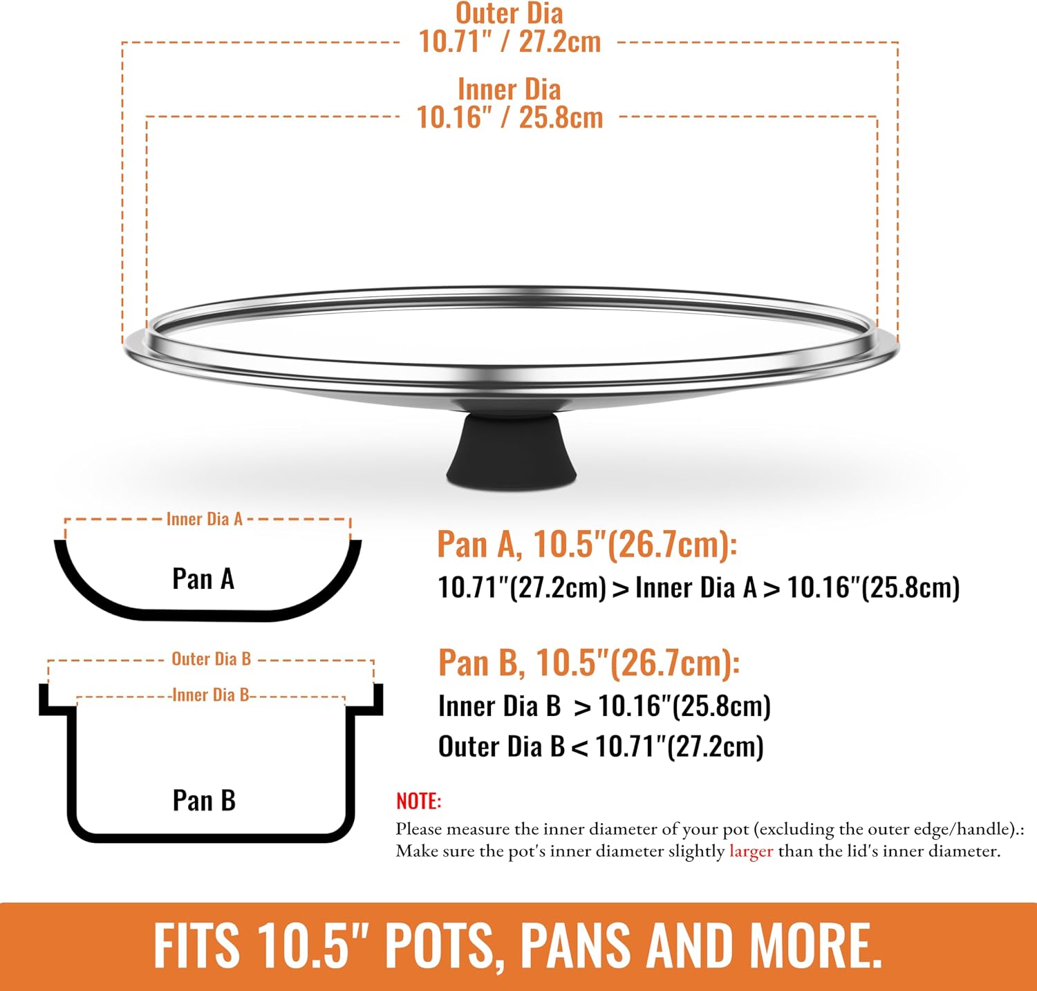 Tempered Glass Lids for Pots and Pans, Cast Iron Skillet Lid 10.5 Inch, Frying Pan Lid, Replacement Pan Cover, Wok, Crock Pot Lid with Wide Stainless Steel Rim, Heat Resistant Cookware Pan Lids - Image 3
