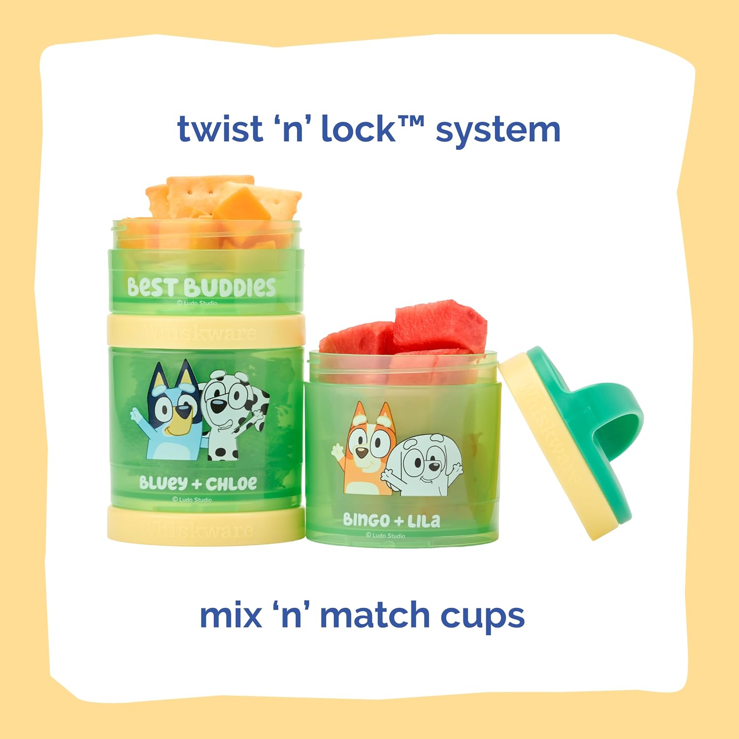 Whiskware Bluey Stackable Snack Containers for Babies, Toddlers, and Kids, 3 Stackable Snack Cups for School and Travel, Cupholder Friendly, Bluey, Chloe, Bingo, and Lila, Best Buddies! - Image 3