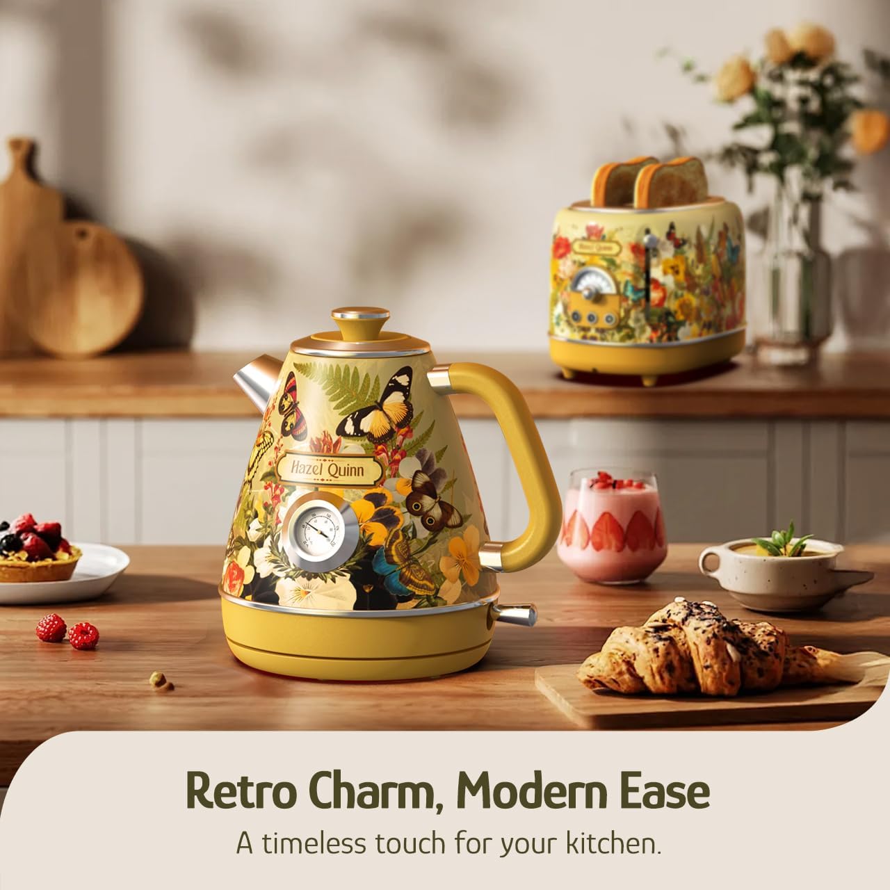 Hazel Quinn X Eduardo Recife Electric Kettle - 1200W Fast Water Boiling, 1.7L/57oz, All 304 Stainless Steel Interior, BPA-Free, Auto Shut-Off, Cordless Retro Teapot with Thermometer - Floral Patterned - Image 2