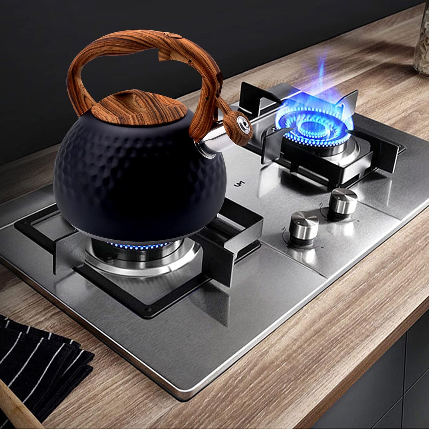 GGC Tea Kettle for Stove Top, Loud Whistling Kettle for Boiling Water Coffee or Milk, 3.1 Quart 3L Heavy Stainless Steel Black Kettle with Wood Pattern Handle, Unique Button Control Kettle Outlet - Image 7